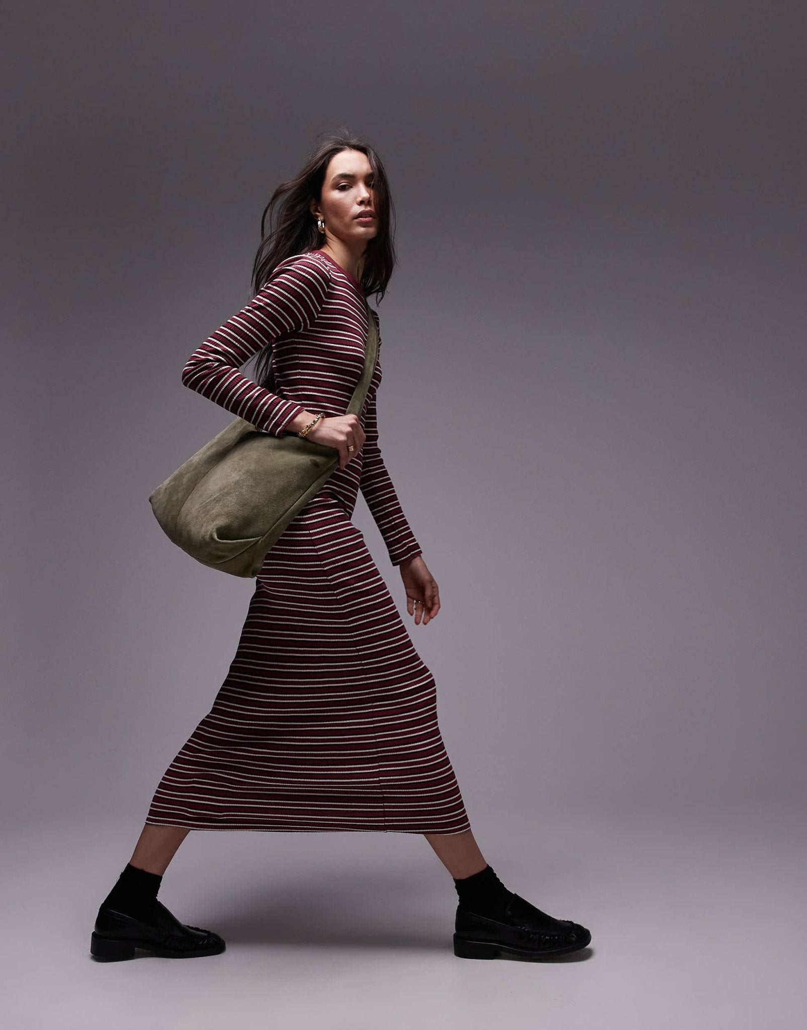 Topshop stripe long sleeve maxi dress in burgundy - ASOS Sample Sale