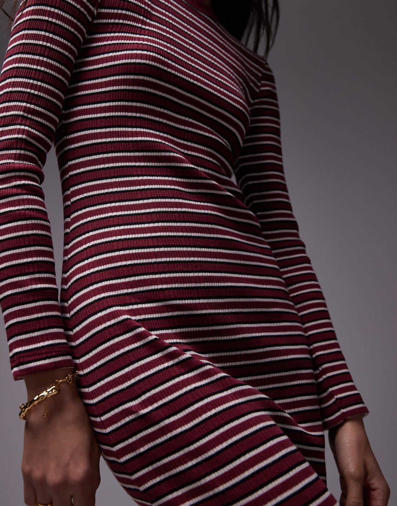 Topshop stripe long sleeve maxi dress in burgundy - ASOS Sample Sale