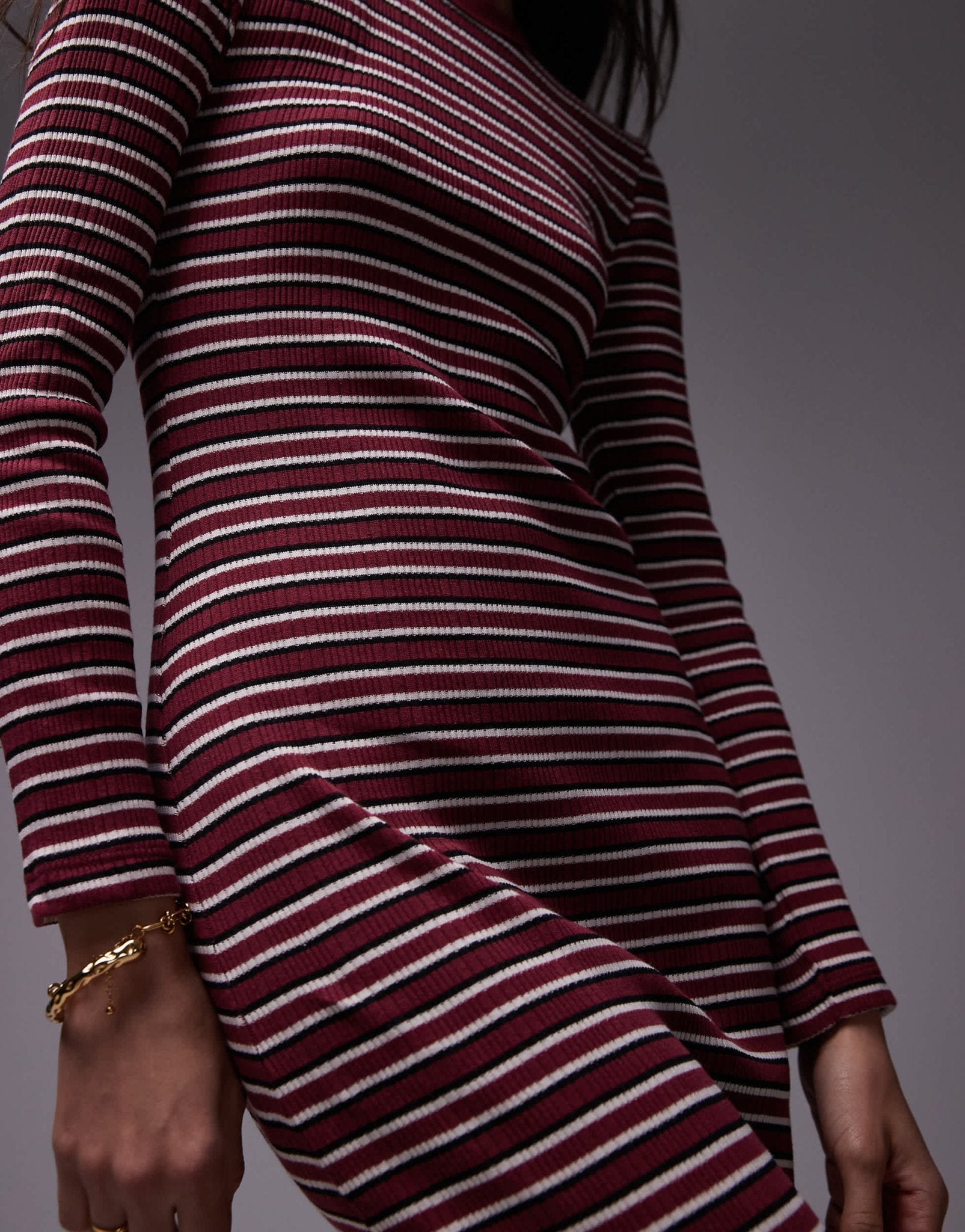Topshop stripe long sleeve maxi dress in burgundy - ASOS Sample Sale