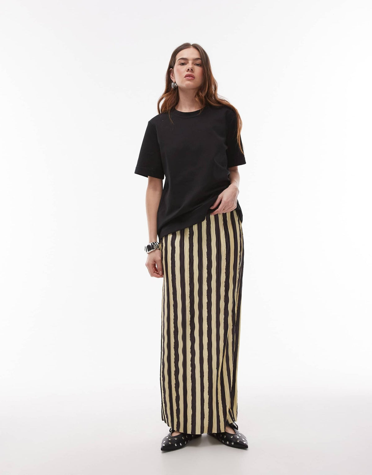 Topshop stripe plisse midaxi skirt in chocolate - ASOS Sample Sale