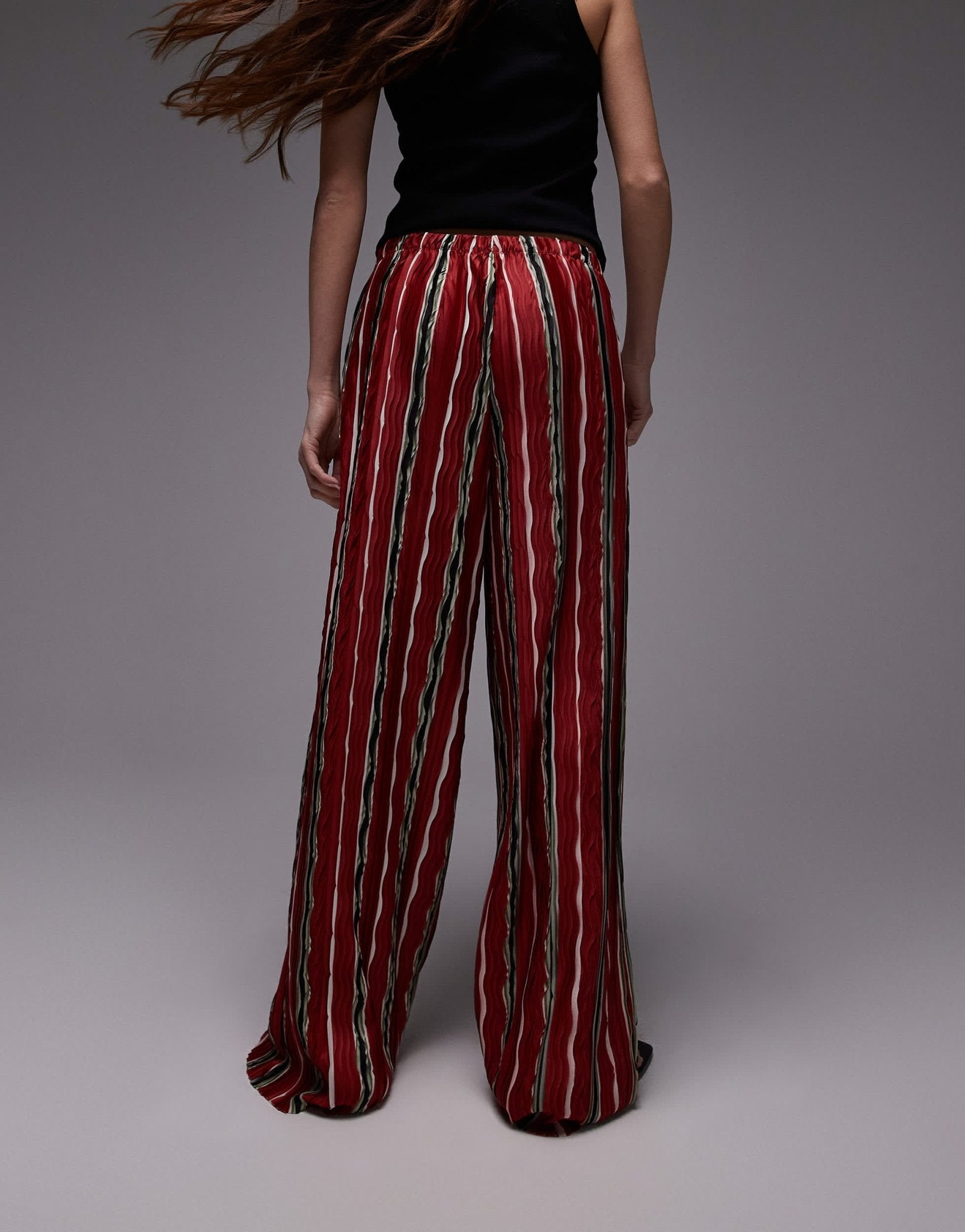Topshop stripe plisse wide leg trouser in red - ASOS Sample Sale