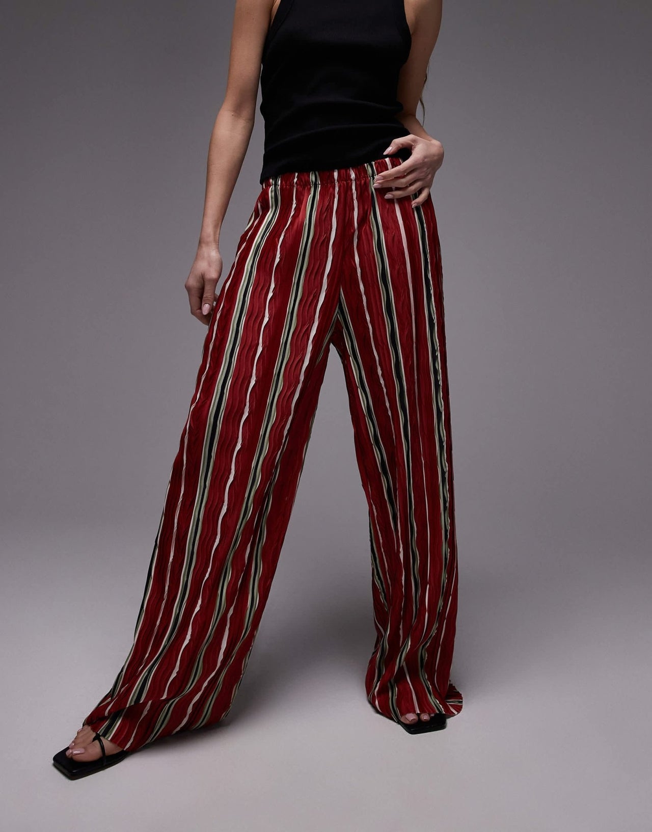 Topshop stripe plisse wide leg trouser in red - ASOS Sample Sale