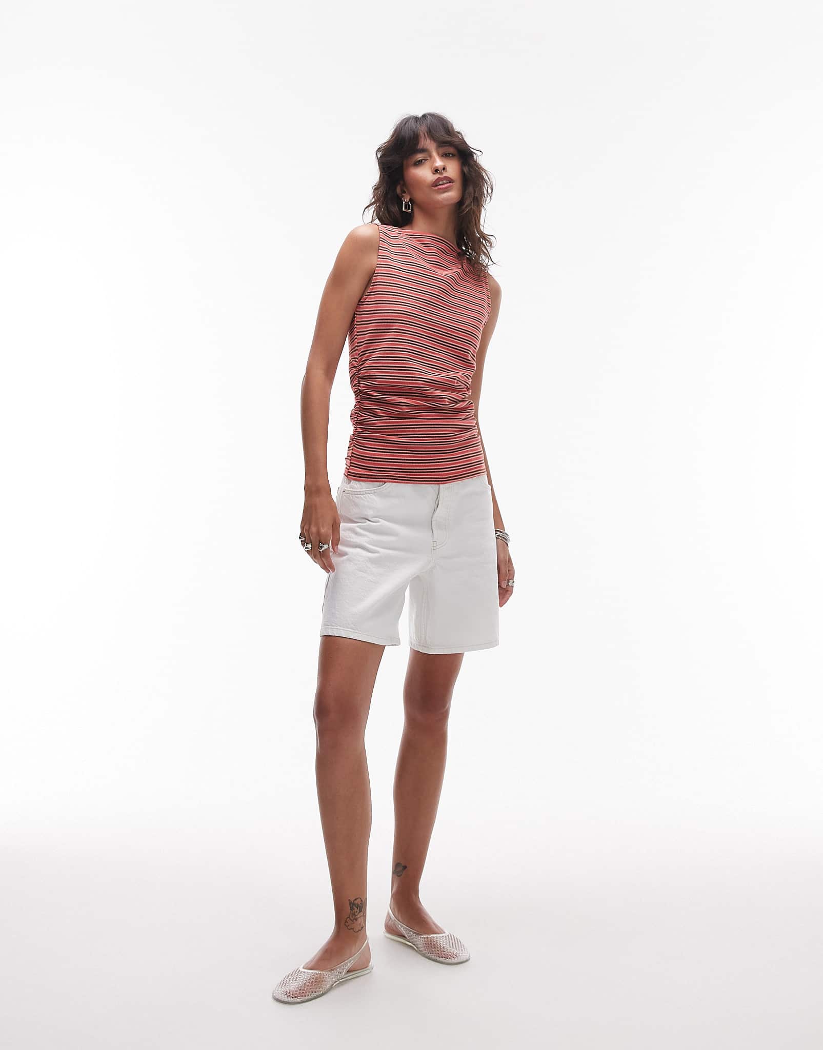 Topshop stripe ruched side tank in red and brown - ASOS Sample Sale