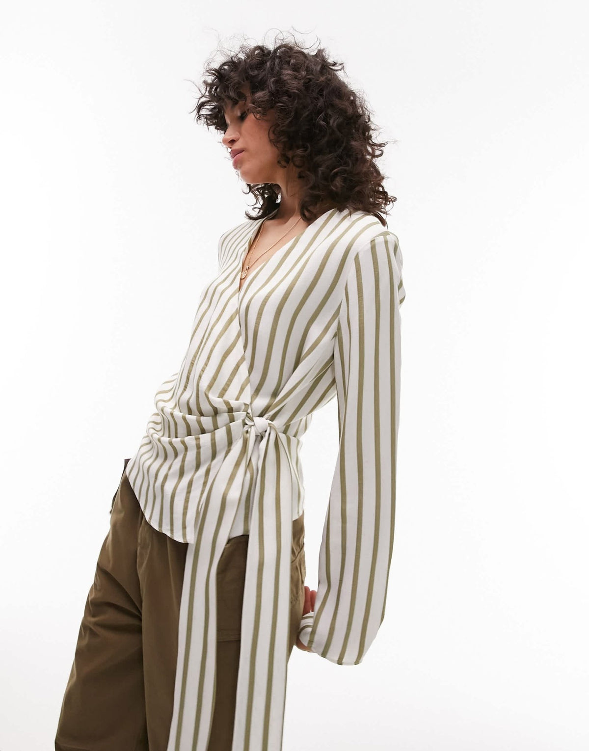 Topshop stripe wrap top in olive - ASOS Sample Sale
