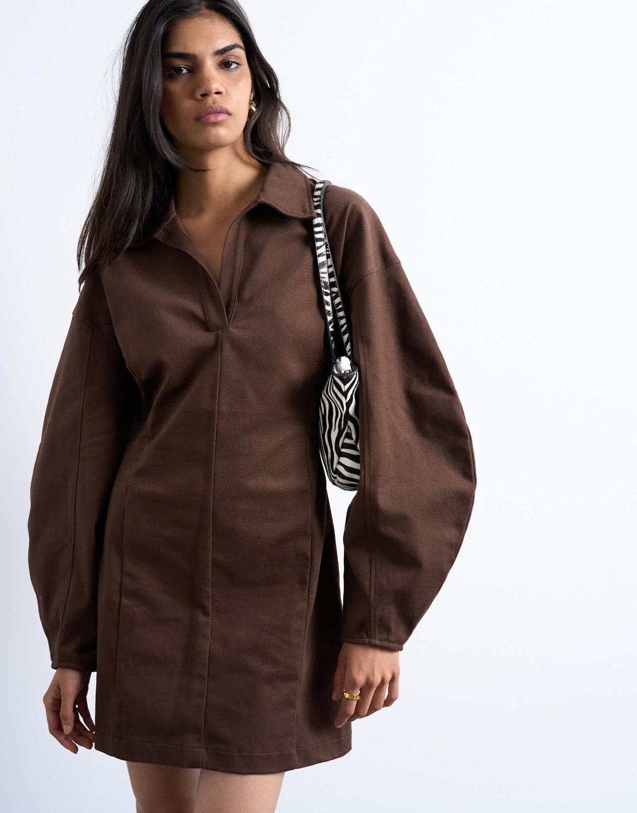 Topshop structured rugby collar mini dress in chocolate - ASOS Sample Sale