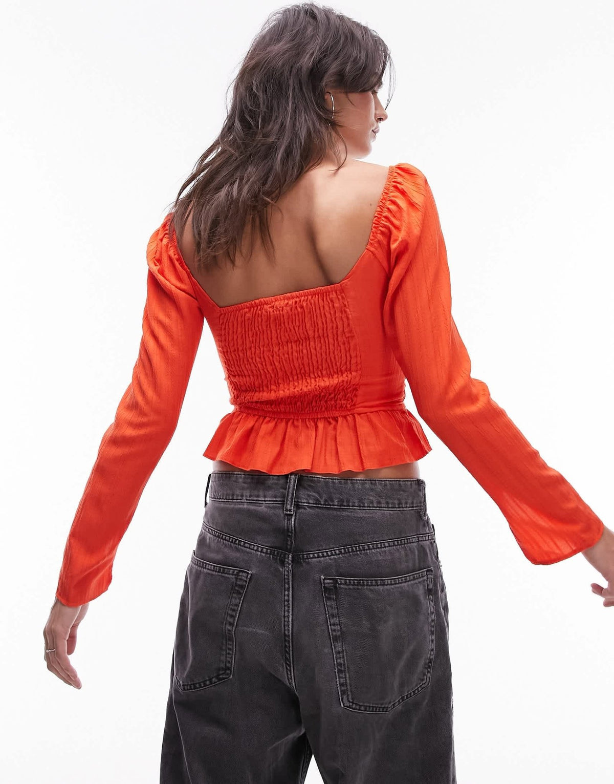 Topshop sweetheart neck textured long sleeve top in red - ASOS Sample Sale