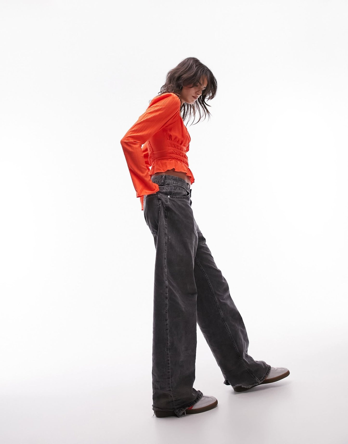 Topshop sweetheart neck textured long sleeve top in red - ASOS Sample Sale