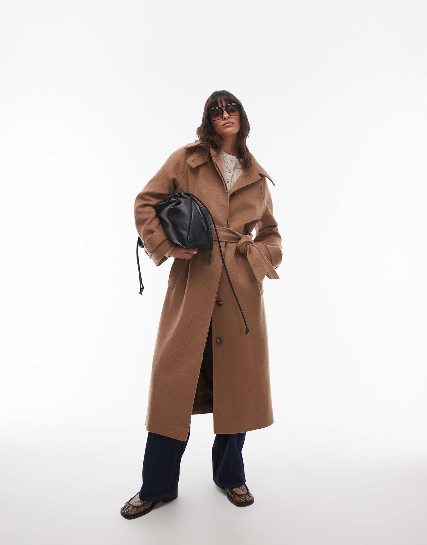 Topshop tab belted car coat twill in camel - ASOS Sample Sale
