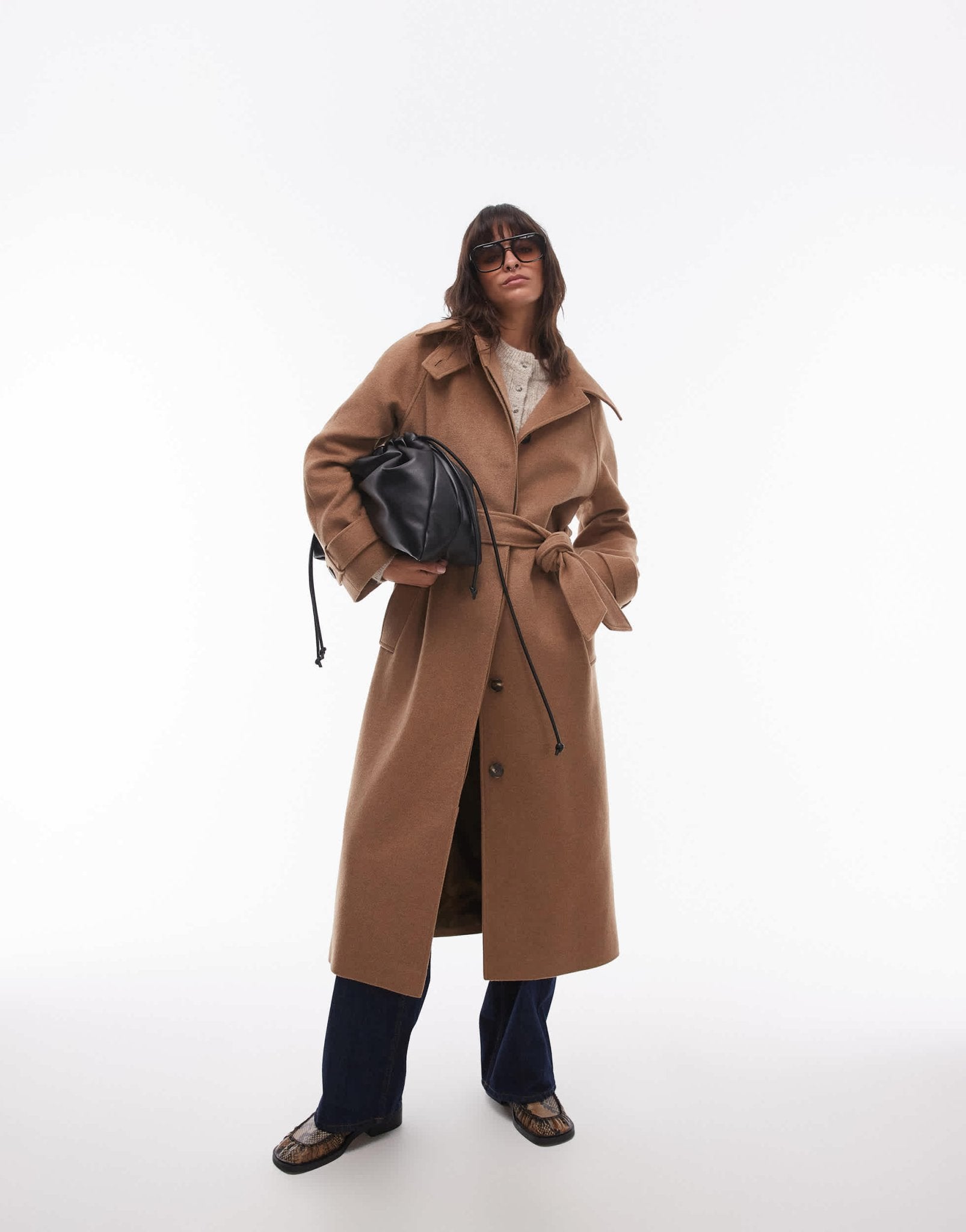 Topshop tab belted car coat twill in camel - ASOS Sample Sale