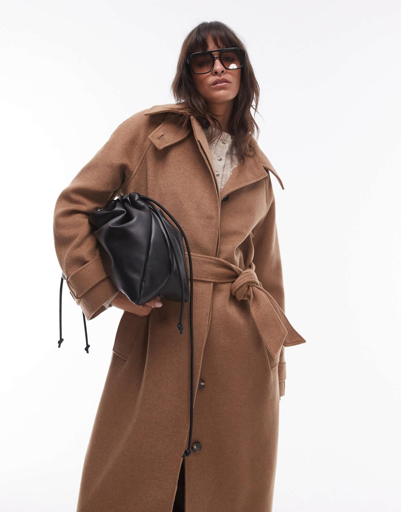 Topshop tab belted car coat twill in camel - ASOS Sample Sale
