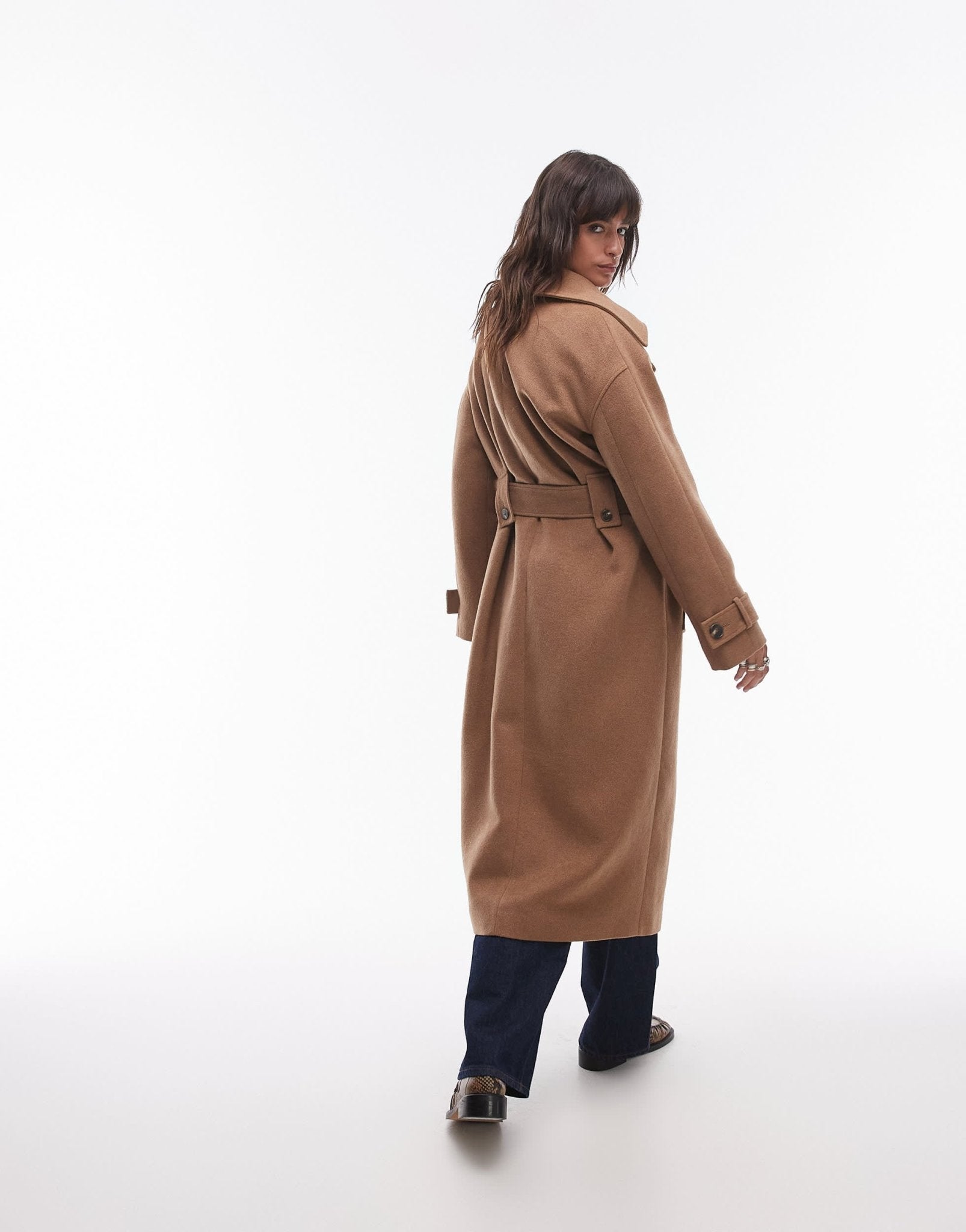 Topshop tab belted car coat twill in camel - ASOS Sample Sale