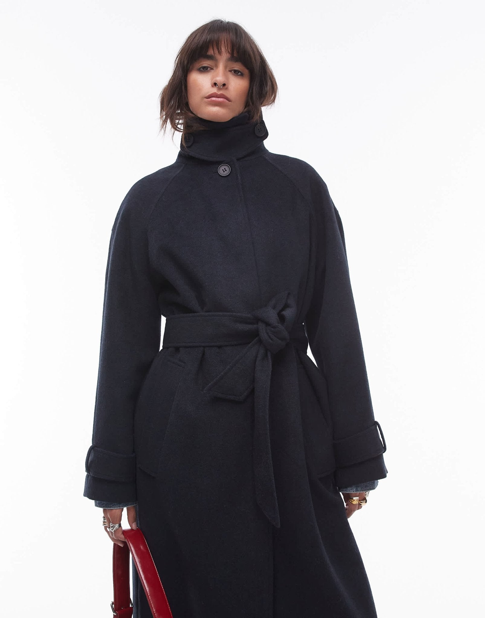 Topshop tab belted car coat twill in navy - ASOS Sample Sale