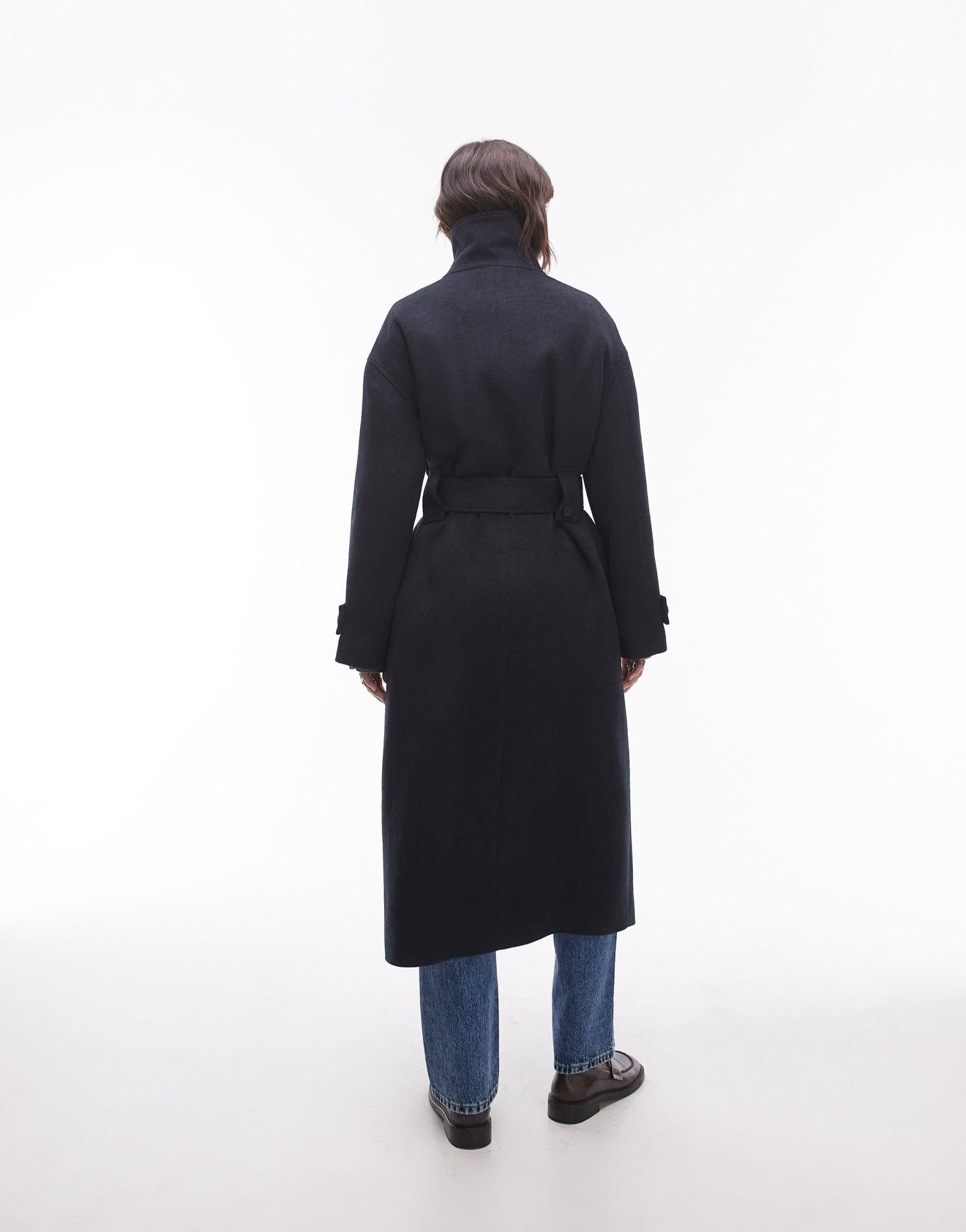 Topshop tab belted car coat twill in navy - ASOS Sample Sale