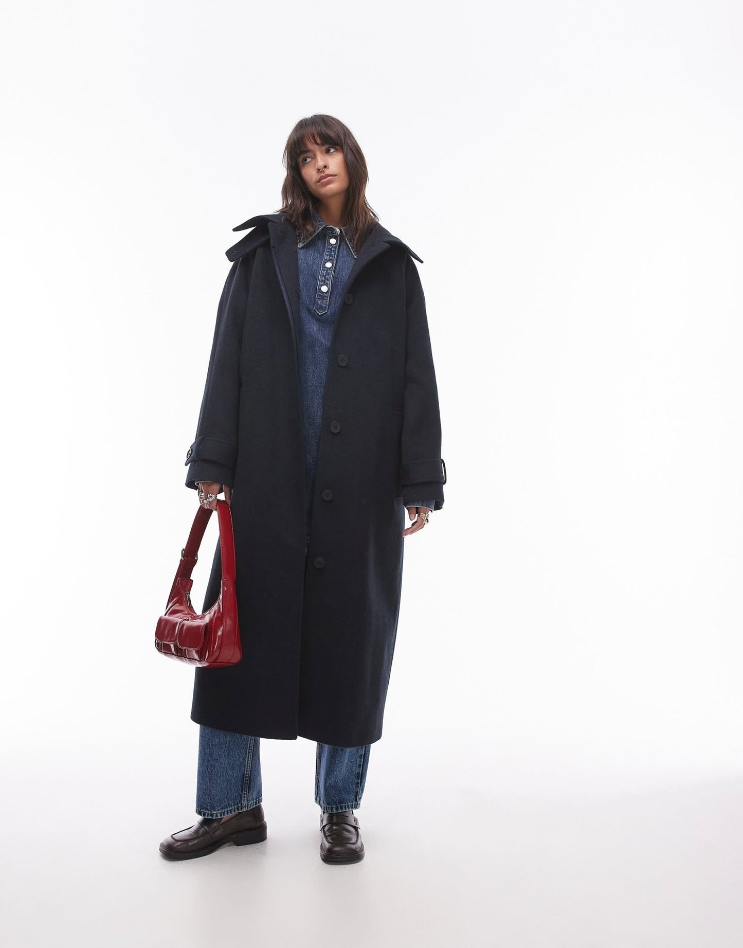 Topshop tab belted car coat twill in navy - ASOS Sample Sale