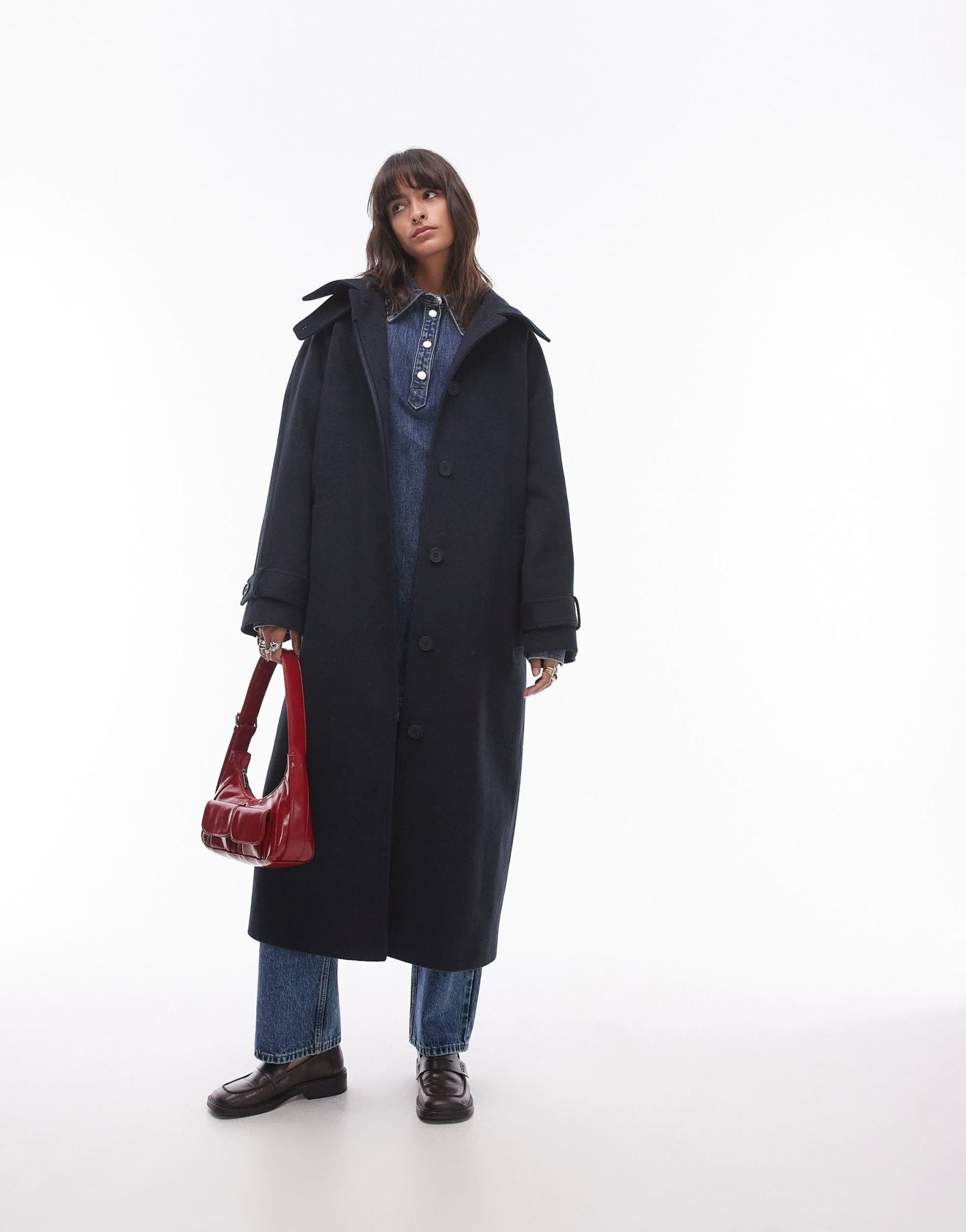 Topshop tab belted car coat twill in navy - ASOS Sample Sale