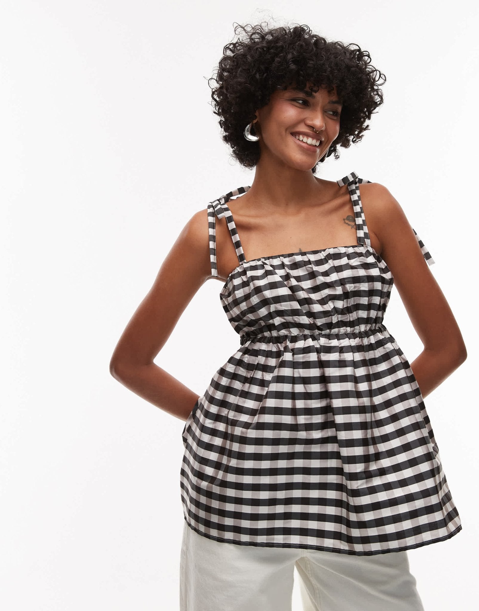 Topshop taffeta babydoll top in mono gingham - ASOS Sample Sale