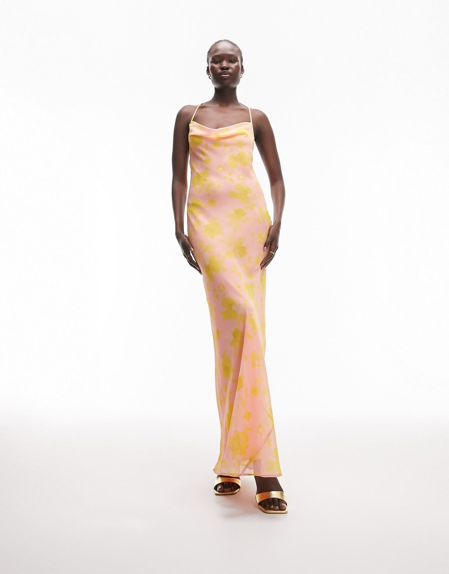 Topshop Tall cowl neck cami maxi slip dress in pink and yellow print - ASOS Sample Sale