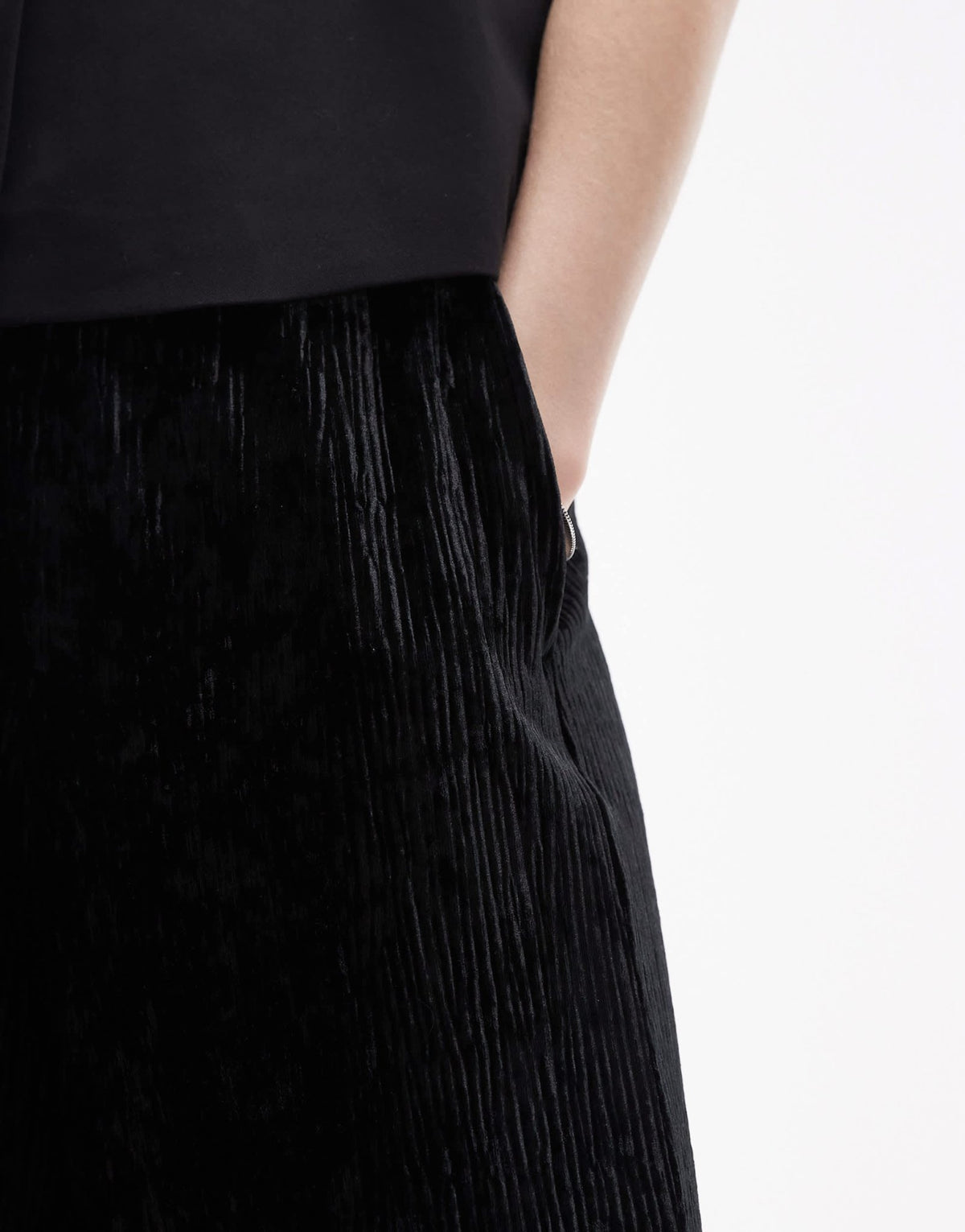 Topshop Tall crushed velvet wide leg trouser with skinny waistband in black - ASOS Sample Sale