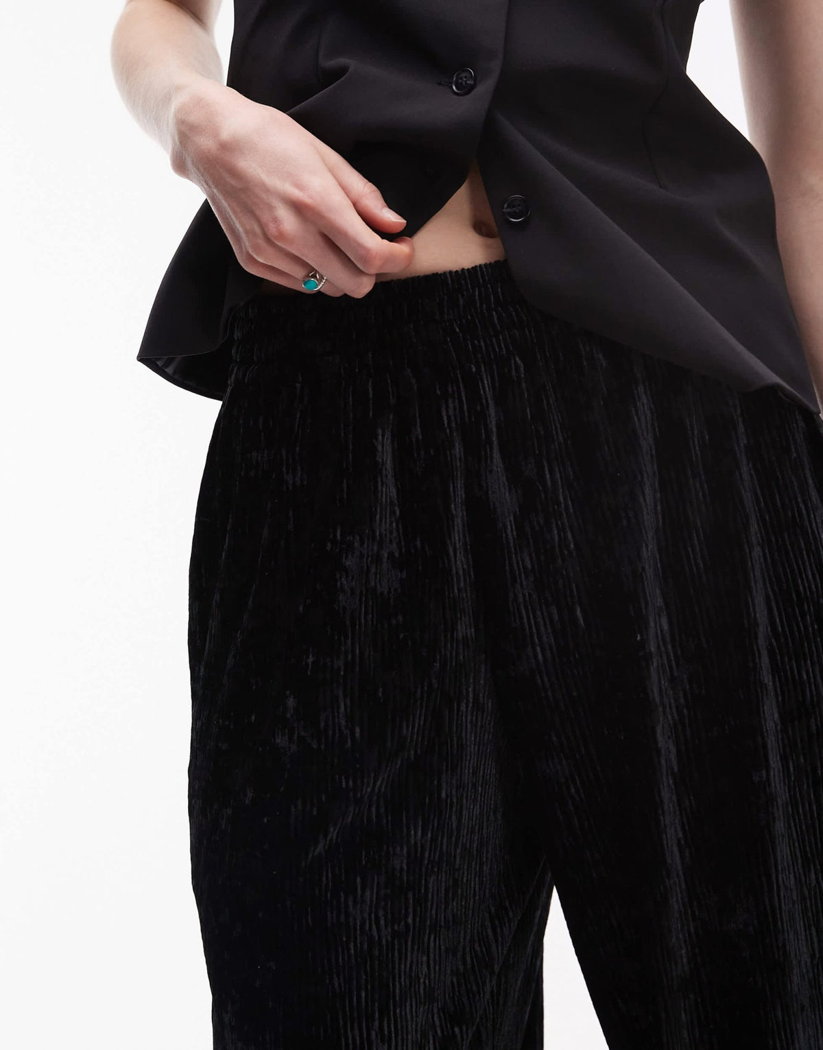 Topshop Tall crushed velvet wide leg trouser with skinny waistband in black - ASOS Sample Sale