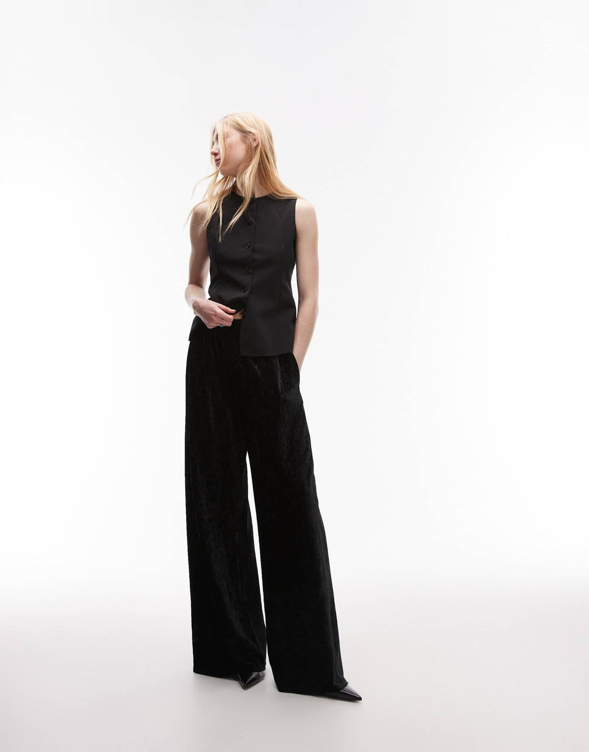 Topshop Tall crushed velvet wide leg trouser with skinny waistband in black - ASOS Sample Sale