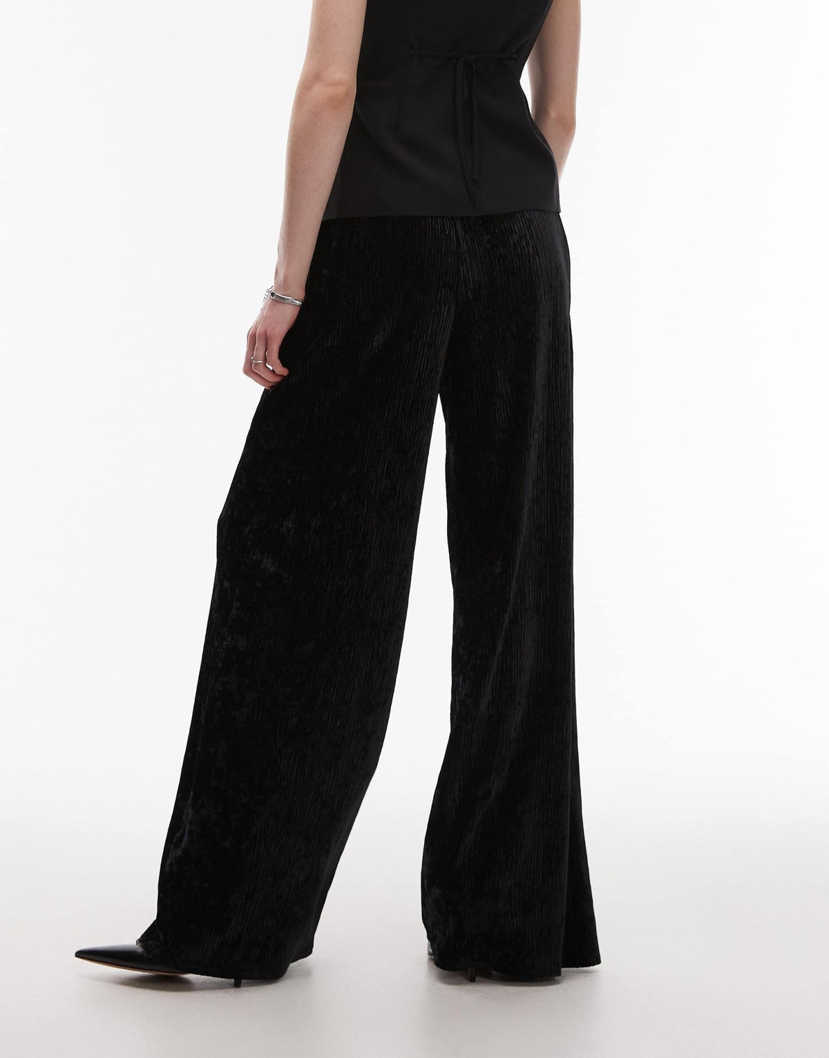 Topshop Tall crushed velvet wide leg trouser with skinny waistband in black - ASOS Sample Sale
