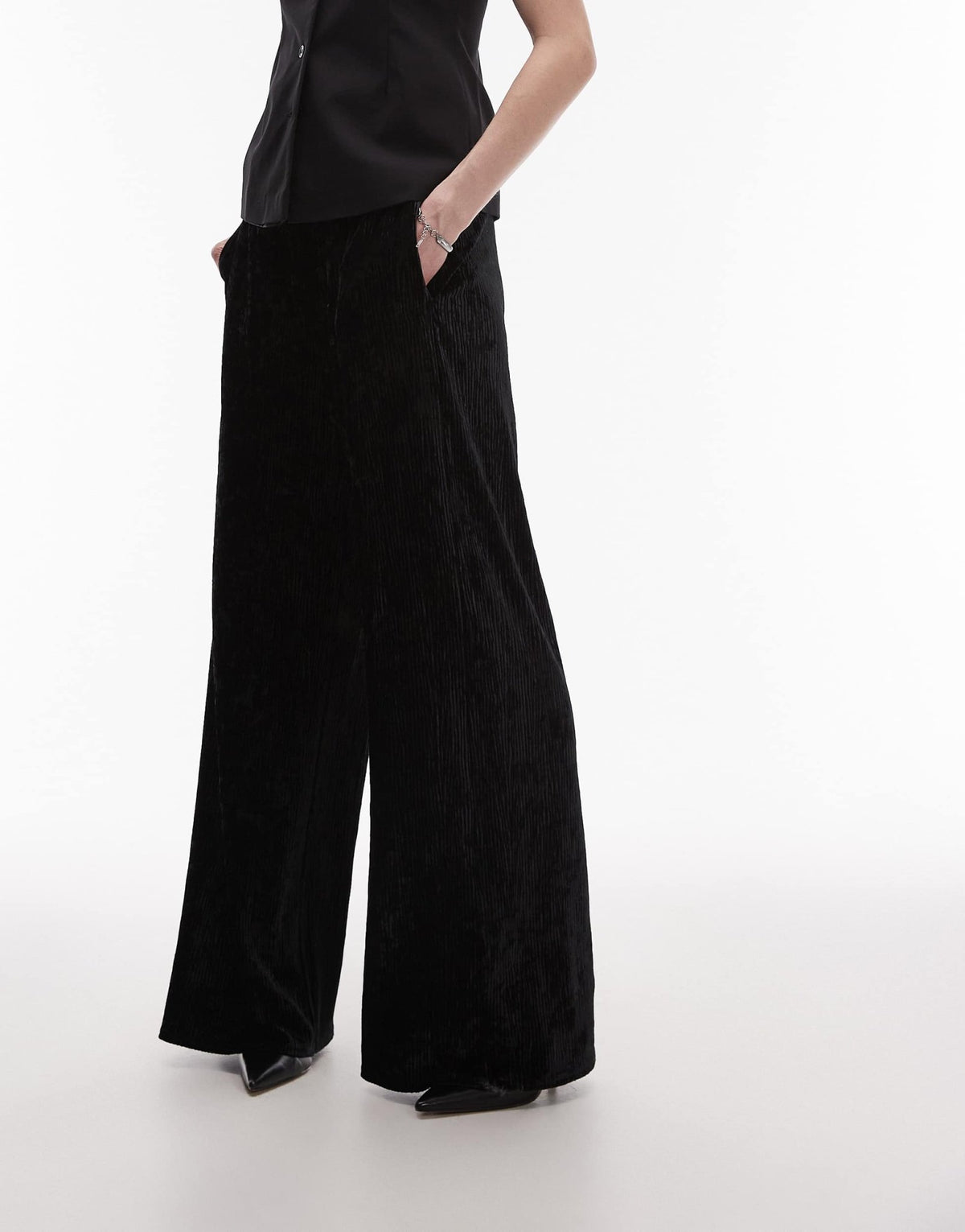 Topshop Tall crushed velvet wide leg trouser with skinny waistband in black - ASOS Sample Sale