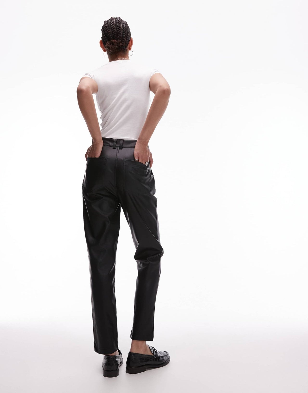 Topshop Tall faux leather peg trouser in black - ASOS Sample Sale