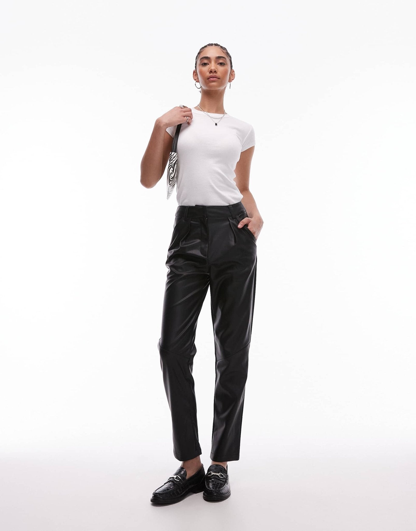 Topshop Tall faux leather peg trouser in black - ASOS Sample Sale