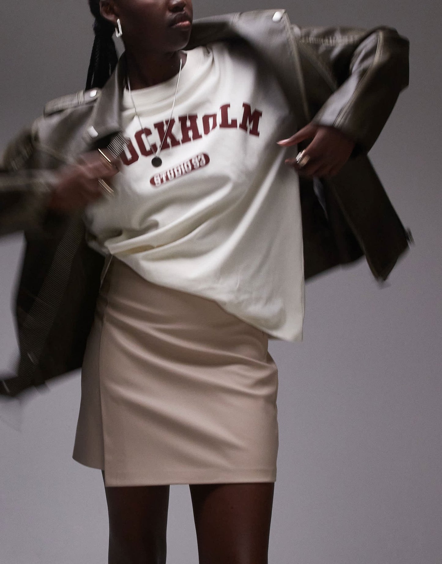 Topshop Tall faux leather step hem mini skirt in fawn - ASOS Sample Sale
