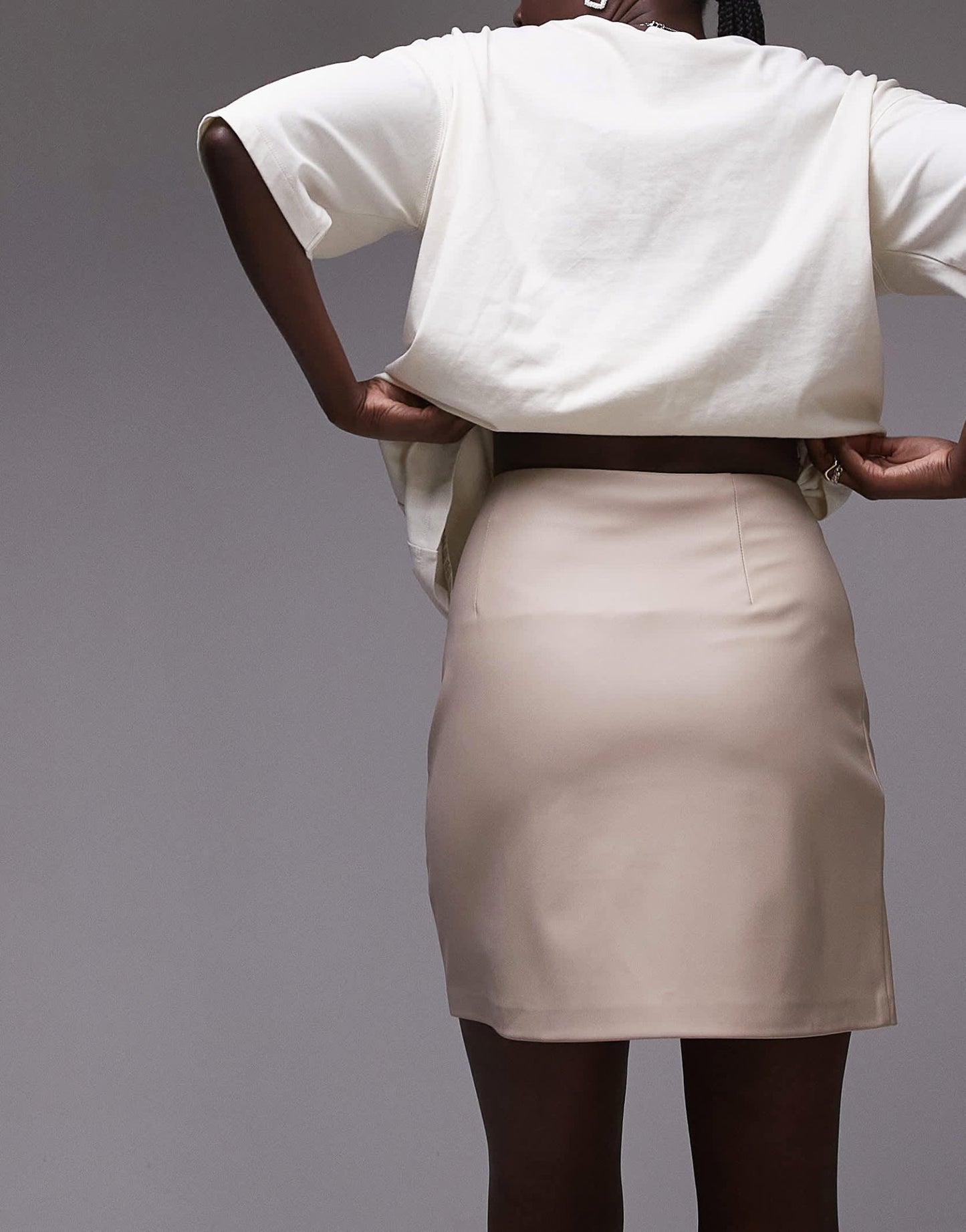 Topshop Tall faux leather step hem mini skirt in fawn - ASOS Sample Sale