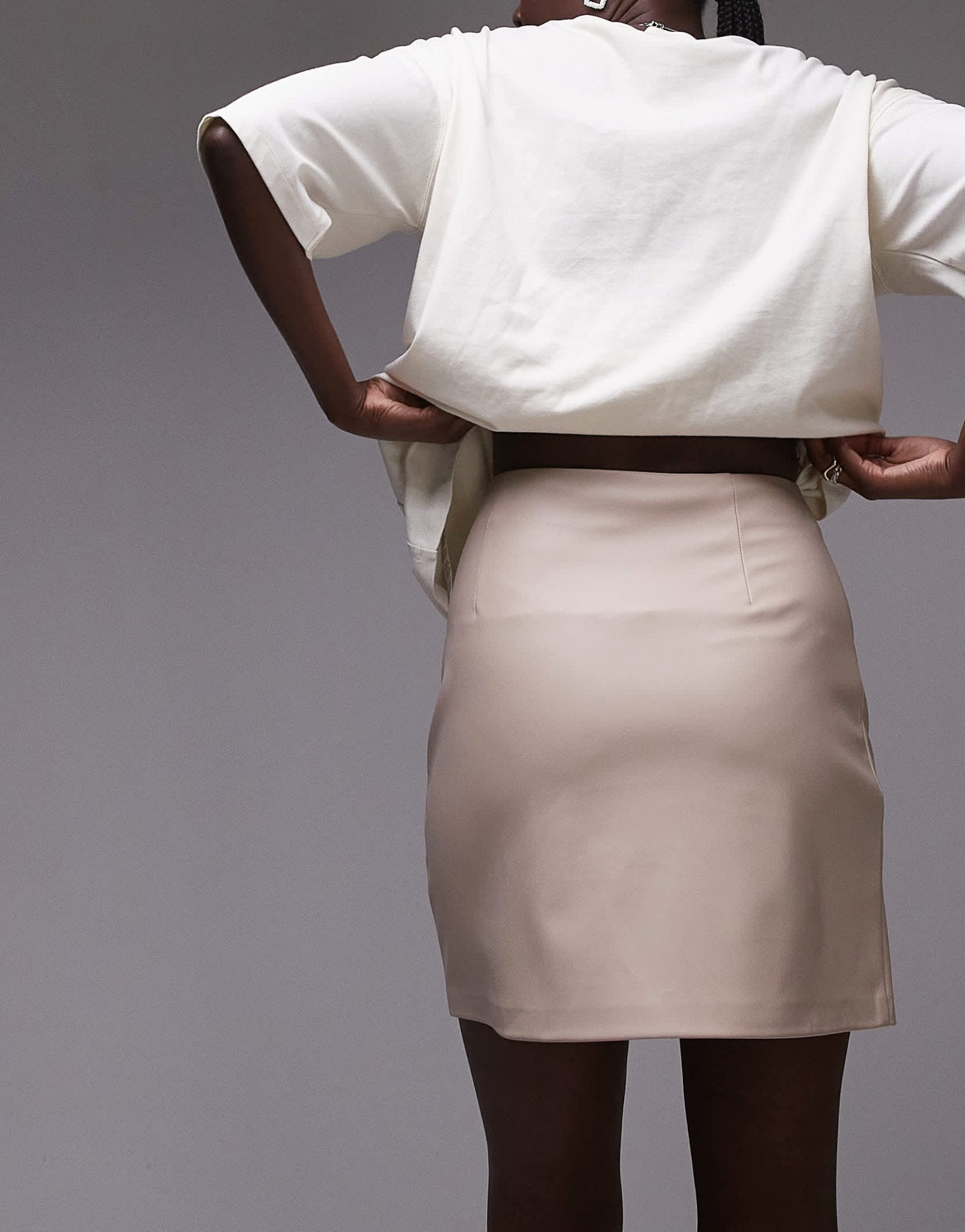 Topshop Tall faux leather step hem mini skirt in fawn - ASOS Sample Sale