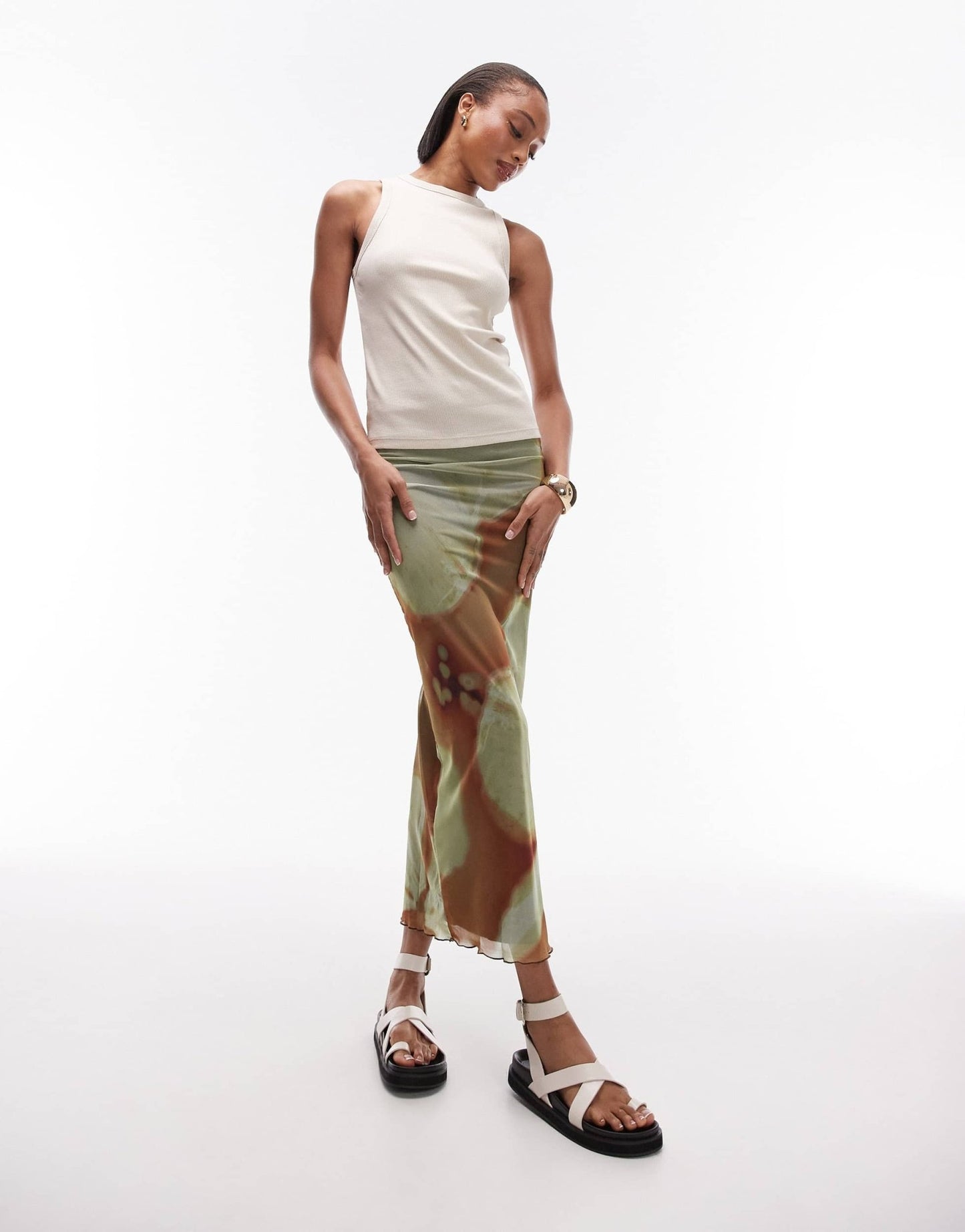 Topshop Tall placement floral print midi skirt in tan - ASOS Sample Sale