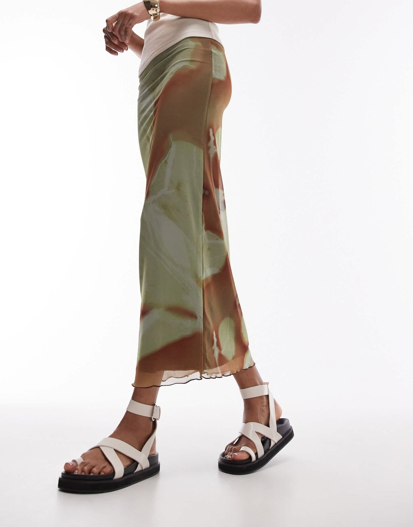 Topshop Tall placement floral print midi skirt in tan - ASOS Sample Sale