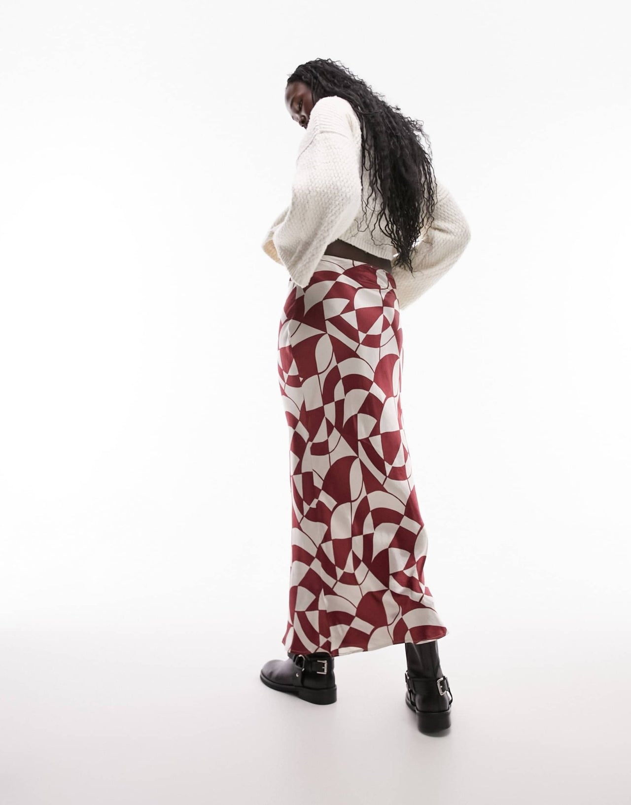 Topshop Tall satin bias maxi skirt in red geo print - ASOS Sample Sale