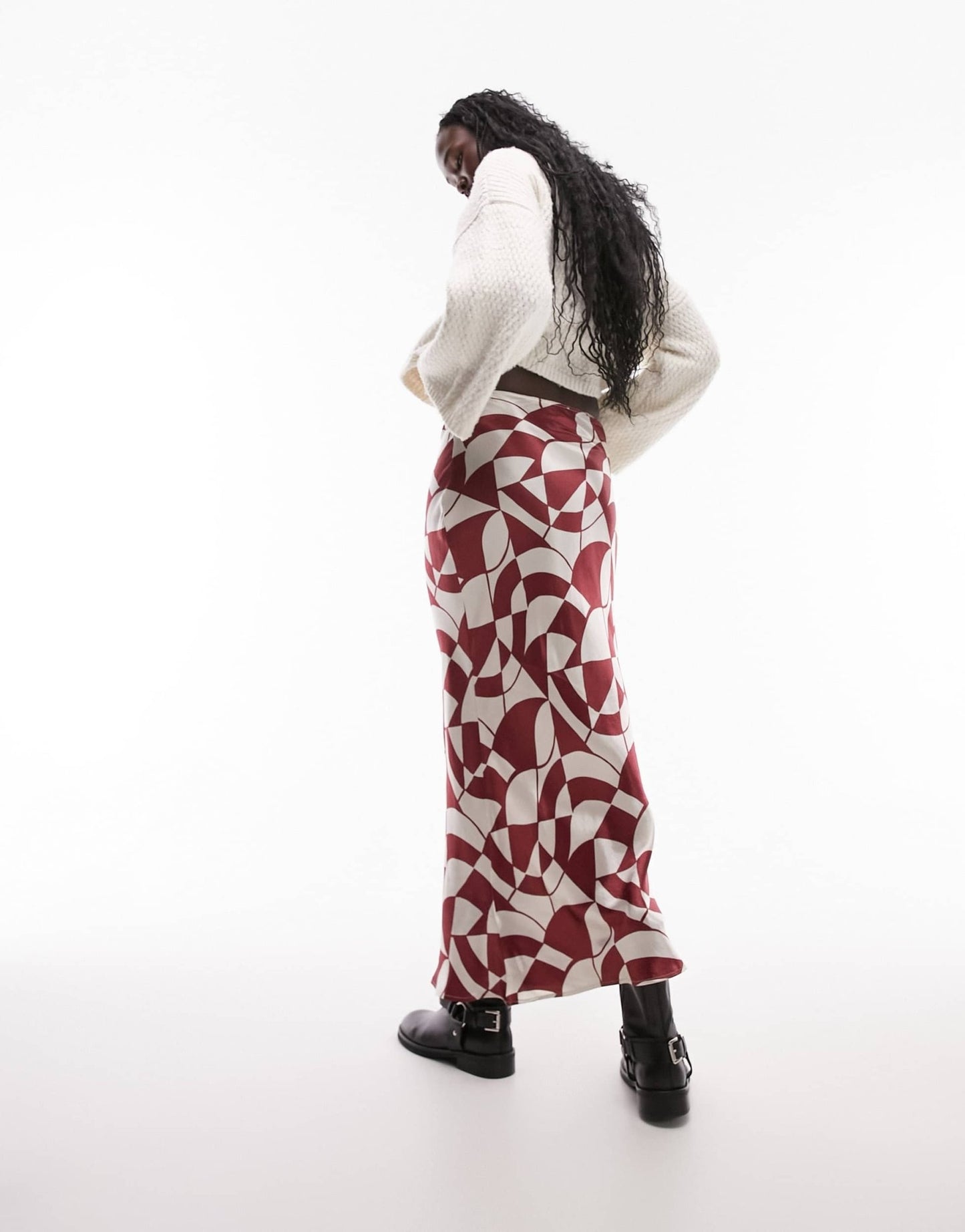 Topshop Tall satin bias maxi skirt in red geo print - ASOS Sample Sale