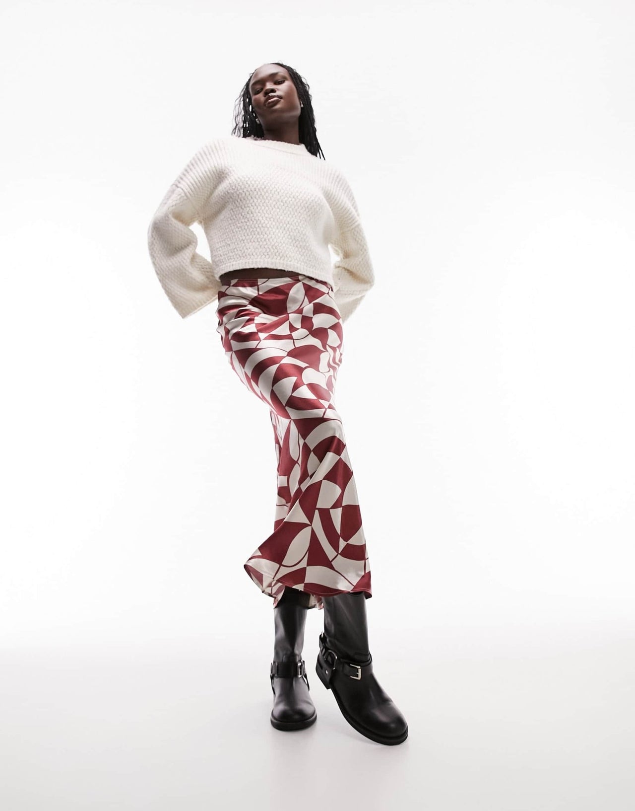 Topshop Tall satin bias maxi skirt in red geo print - ASOS Sample Sale