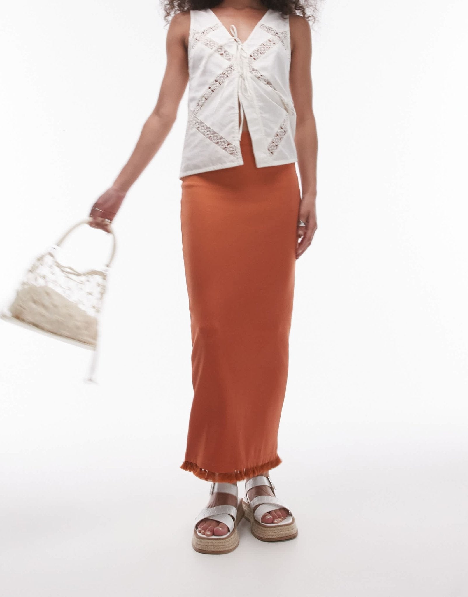 Topshop tassel hem midi skirt in rust - ASOS Sample Sale