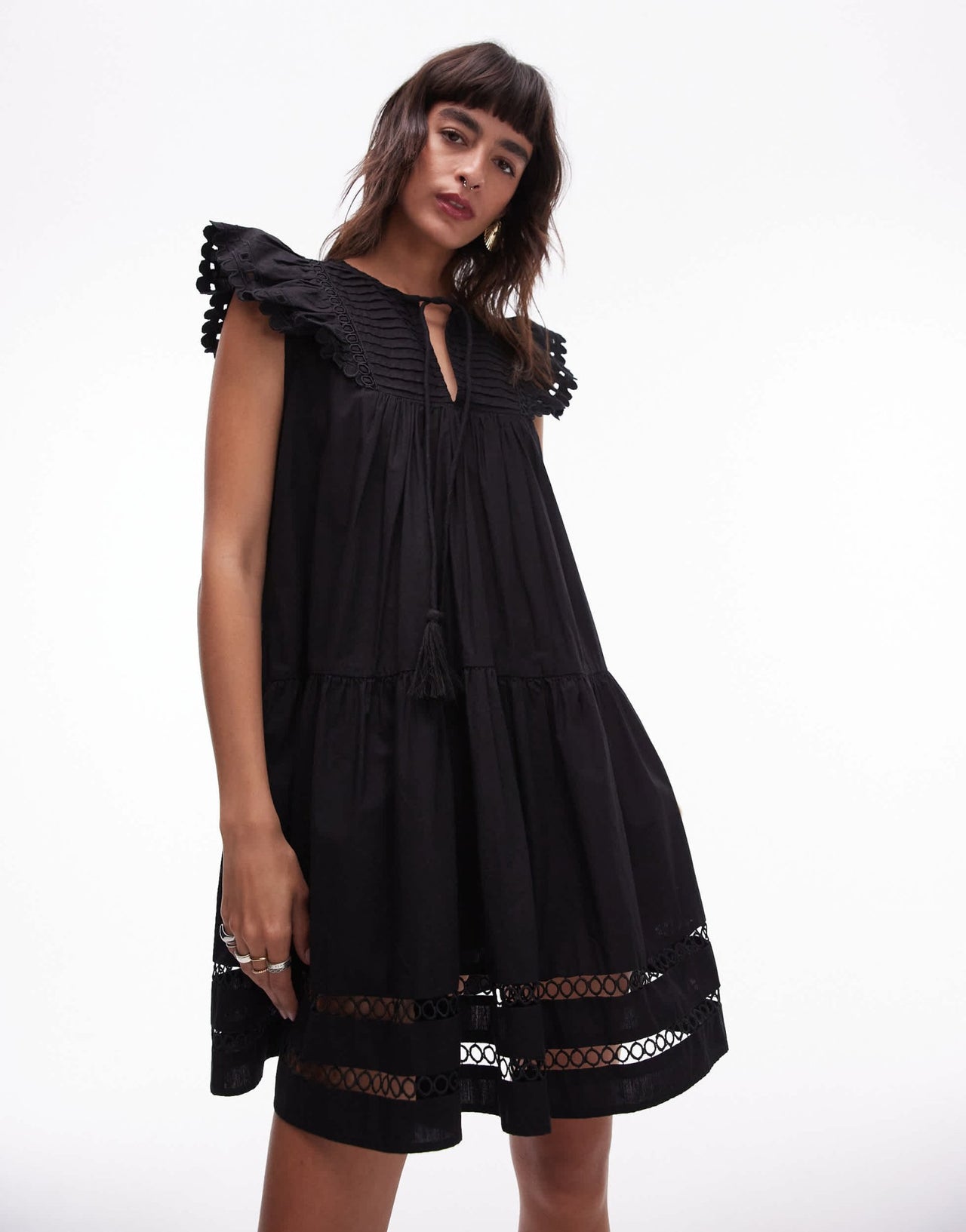 Topshop tassle detail broderie mini dress in black - ASOS Sample Sale