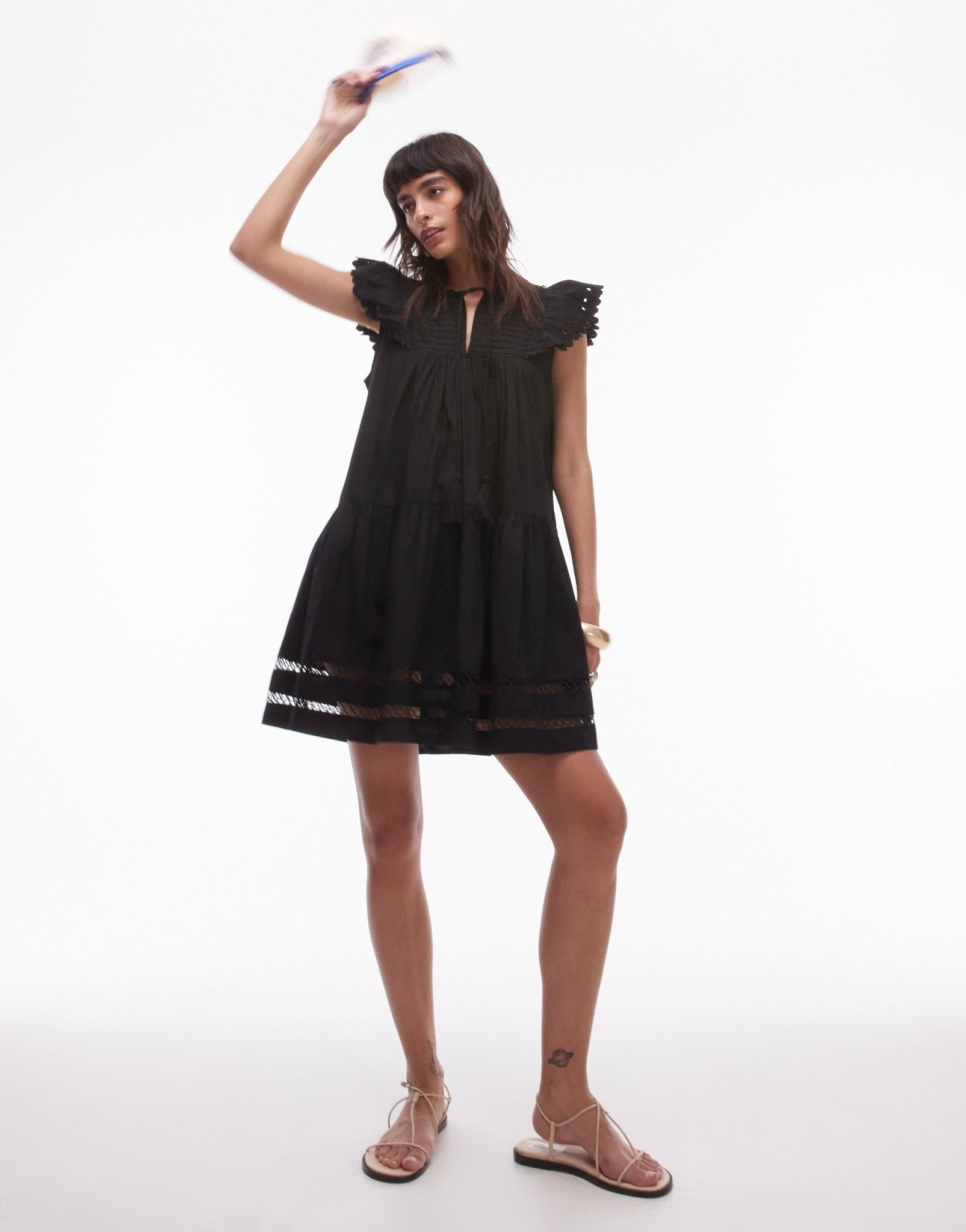 Topshop tassle detail broderie mini dress in black - ASOS Sample Sale