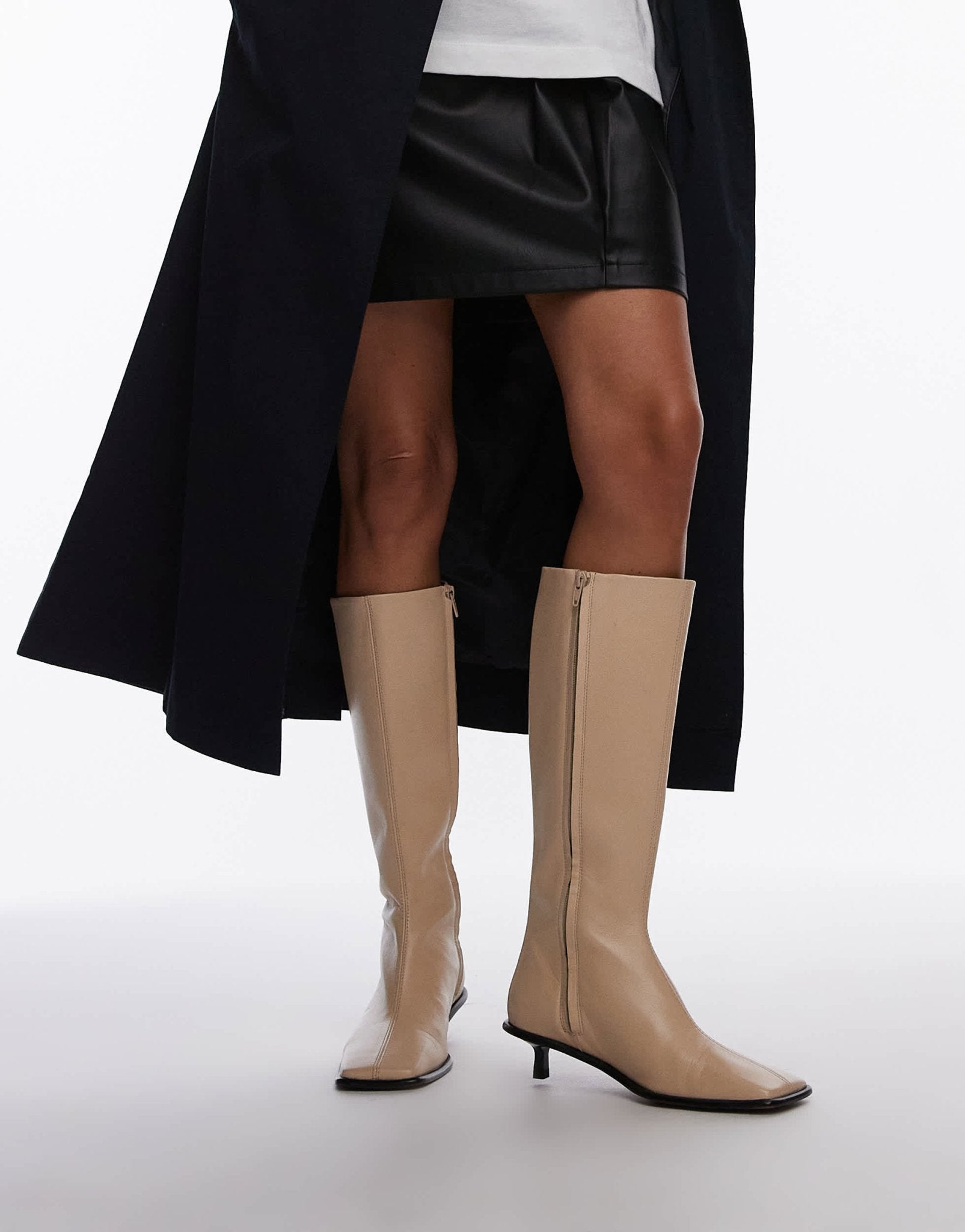 Topshop Taylor premium leather knee high heeled sock boots in off white - ASOS Sample Sale