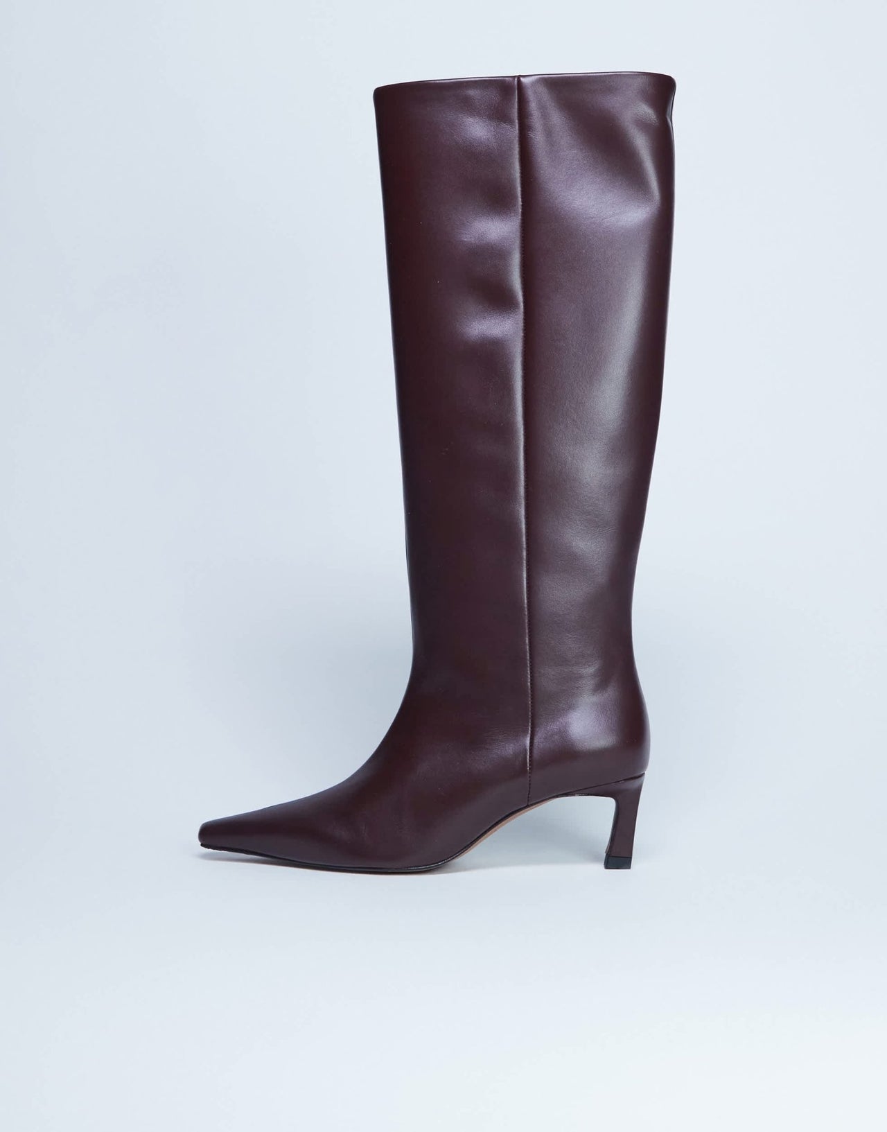 Topshop Taz premium real leather knee high heeled boots in burgundy - ASOS Sample Sale