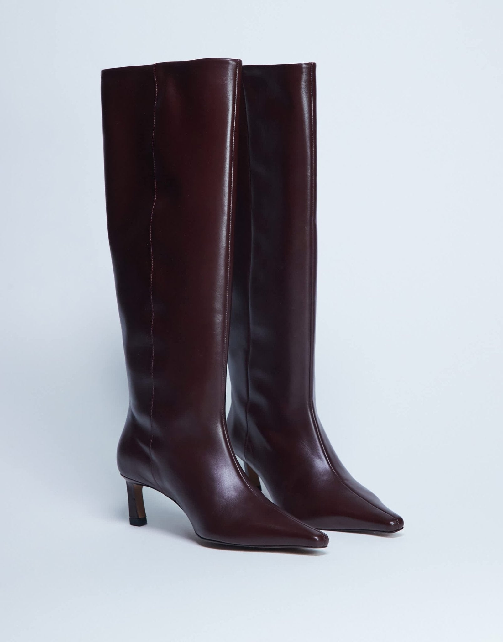 Topshop Taz premium real leather knee high heeled boots in burgundy - ASOS Sample Sale