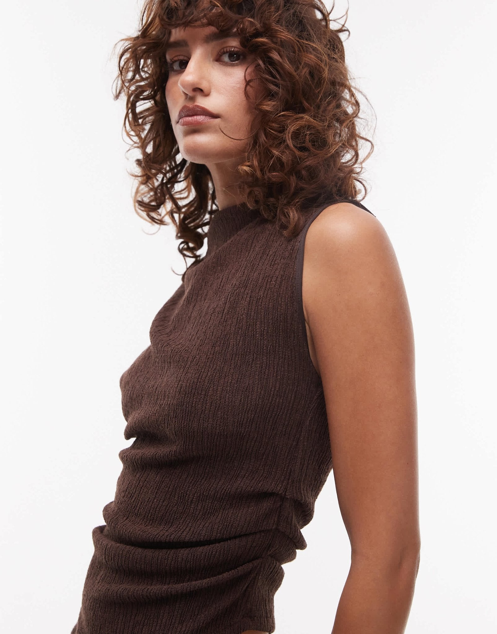 Topshop textured asymmetric ruched tank co-ord in chocolate brown - ASOS Sample Sale