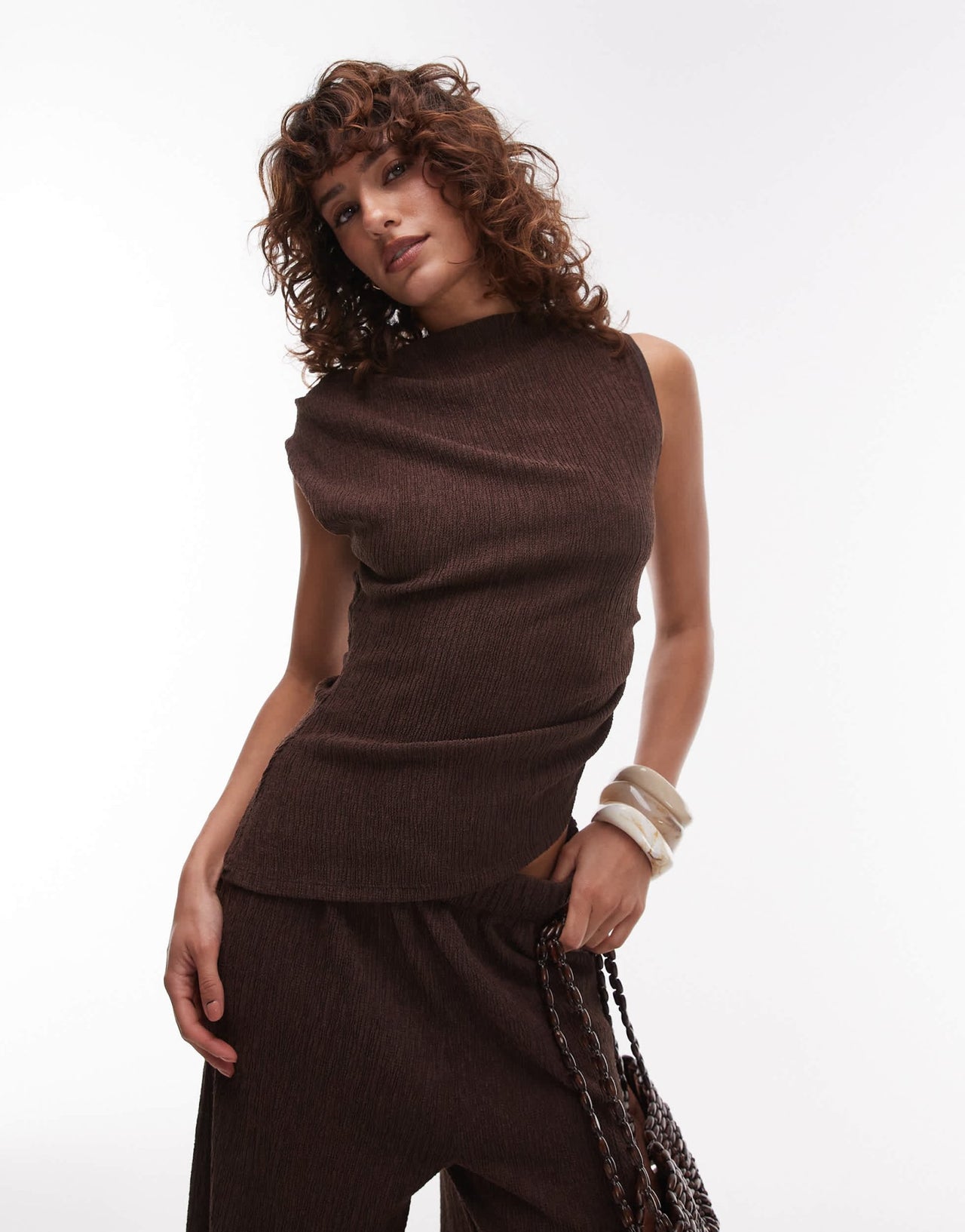 Topshop textured asymmetric ruched tank co-ord in chocolate brown - ASOS Sample Sale