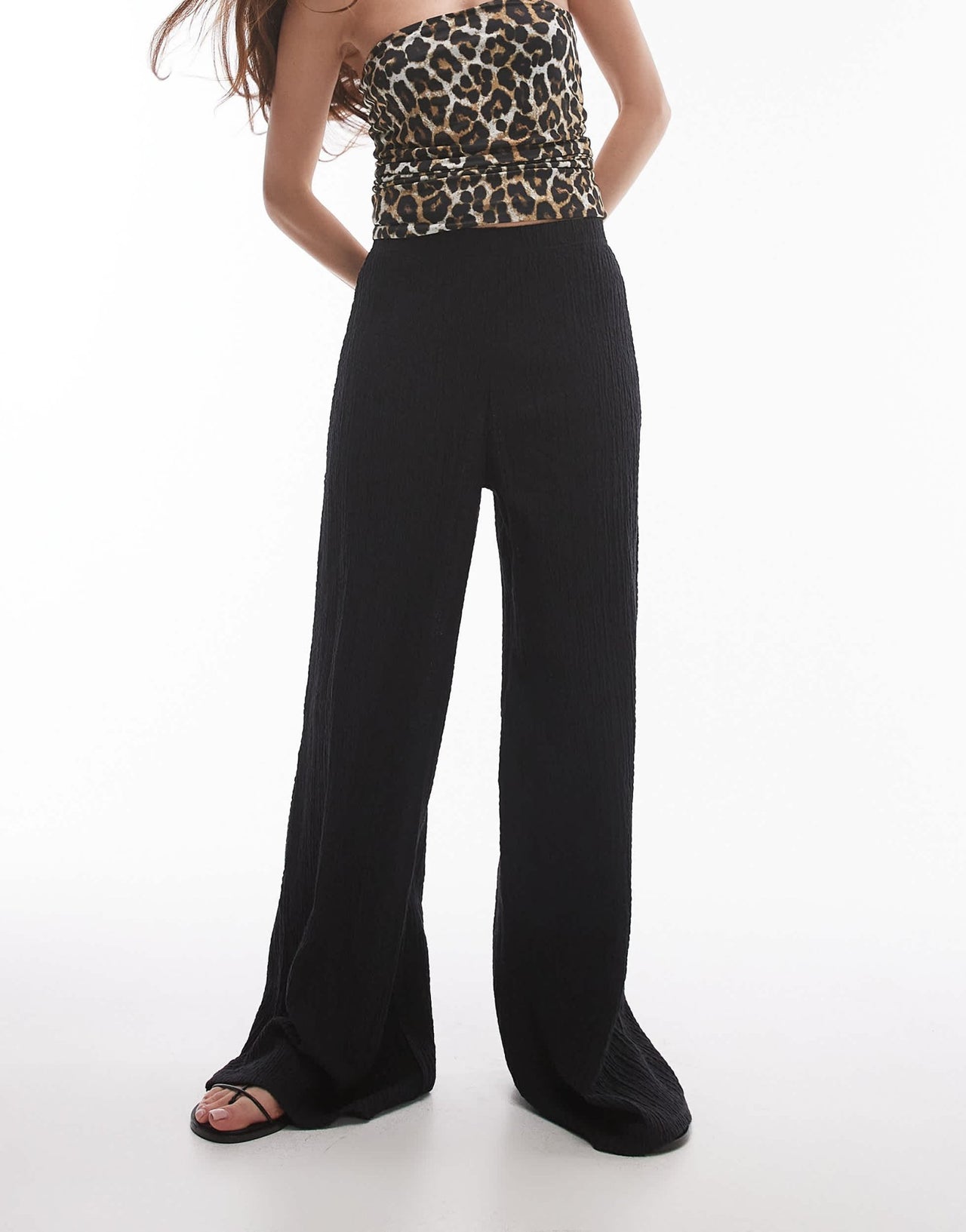 Topshop textured beachy wide leg trousers in black - ASOS Sample Sale