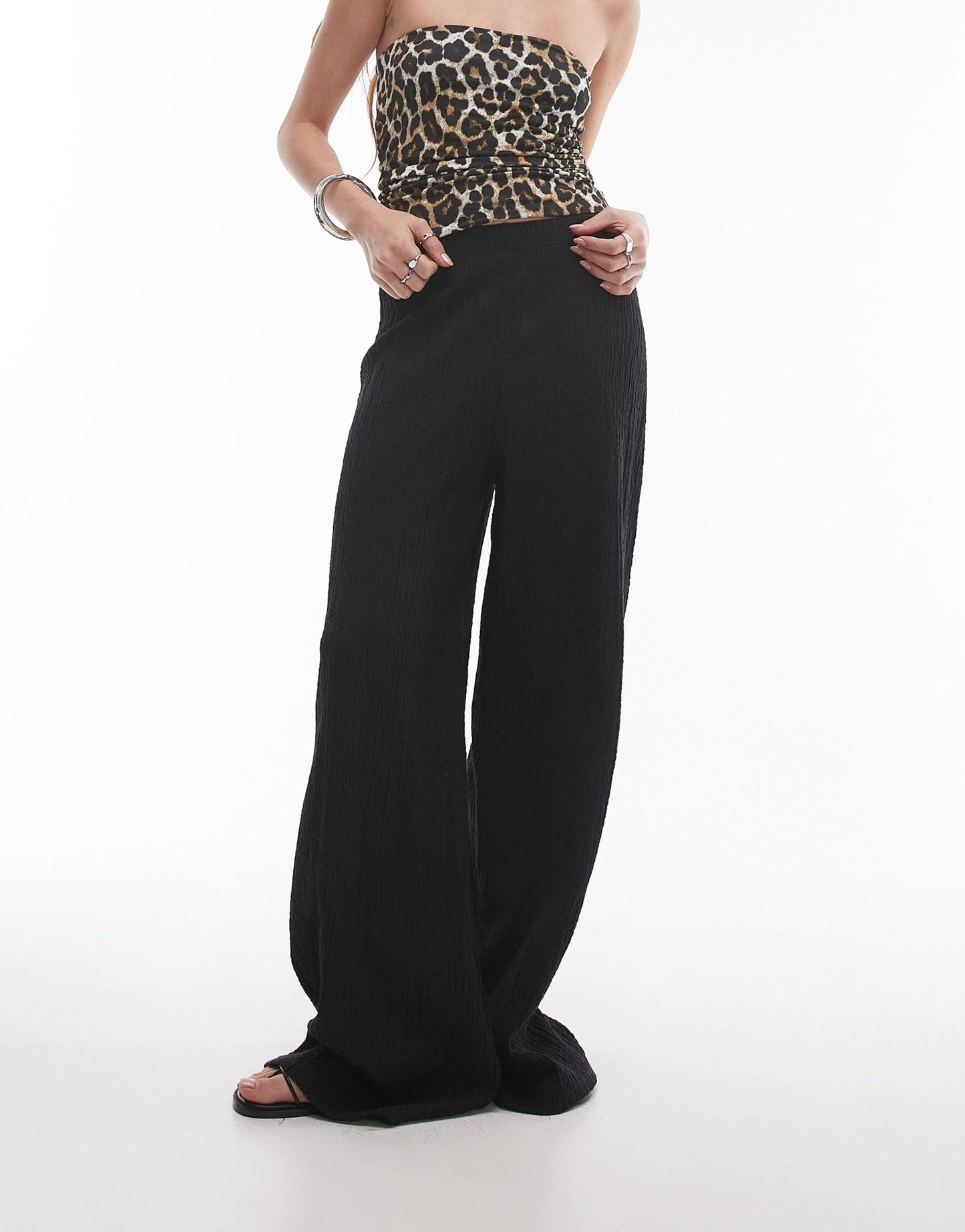Topshop textured beachy wide leg trousers in black - ASOS Sample Sale