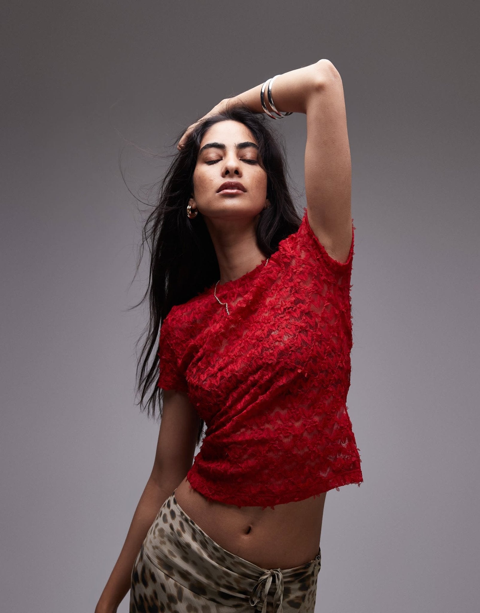 Topshop textured lace tee in red - ASOS Sample Sale