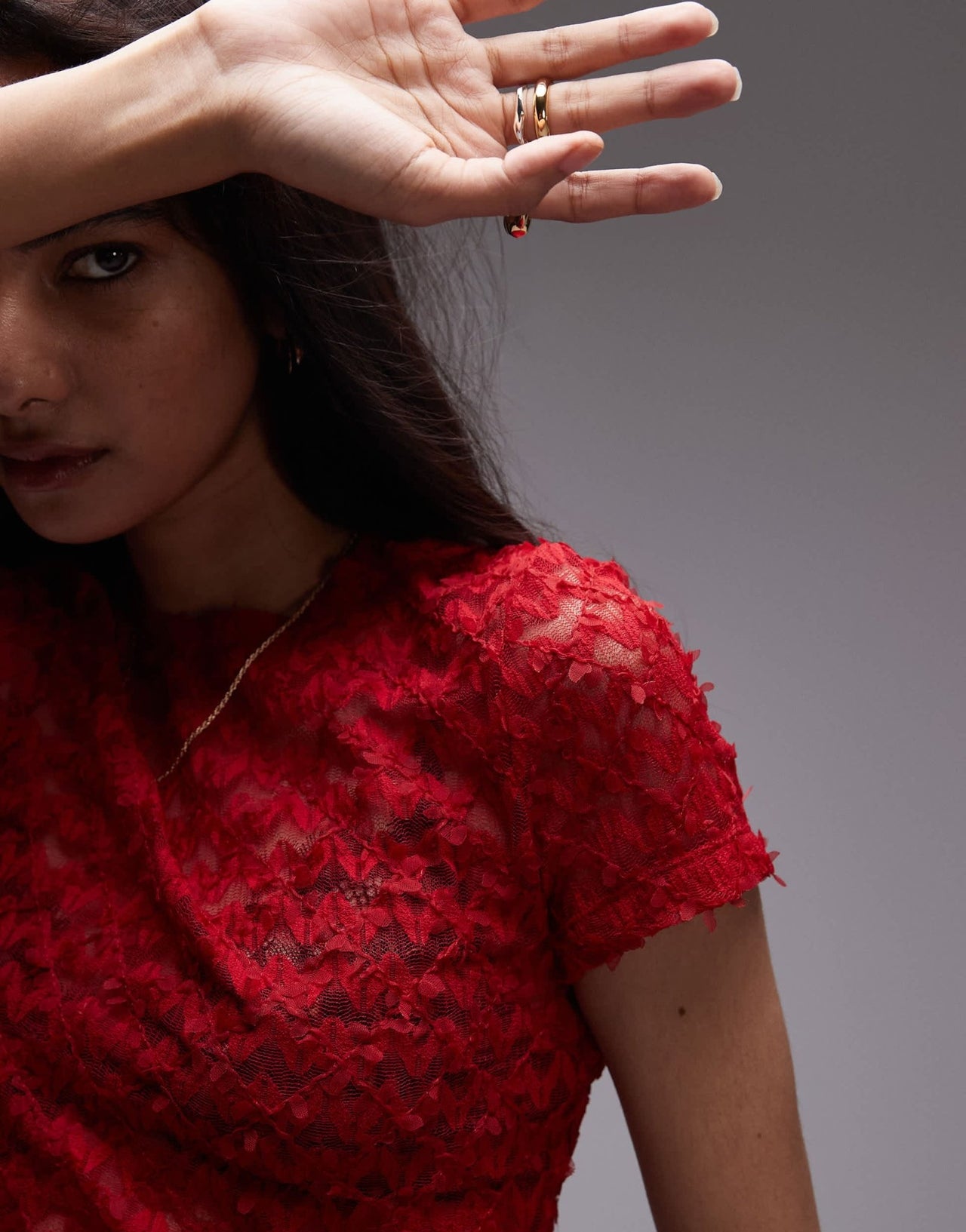 Topshop textured lace tee in red - ASOS Sample Sale