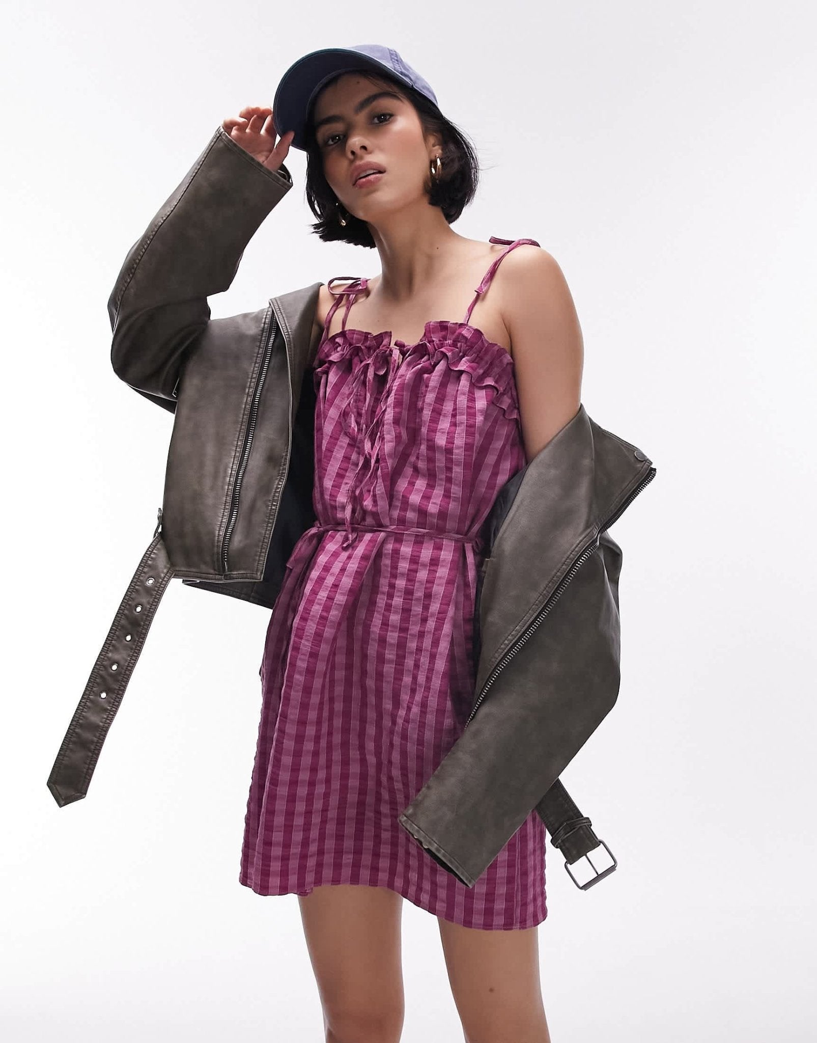 Topshop textured mini chuck on strappy dress in pink check - ASOS Sample Sale