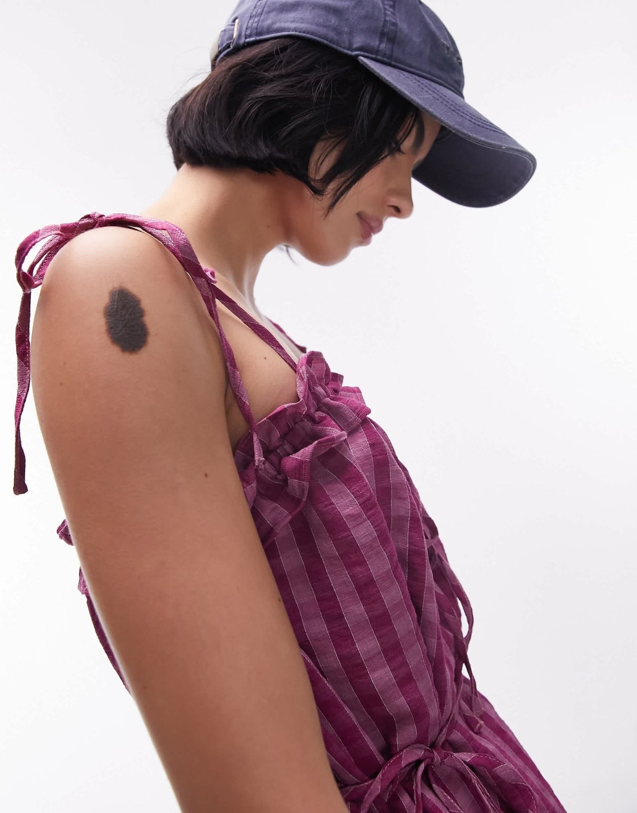 Topshop textured mini chuck on strappy dress in pink check - ASOS Sample Sale